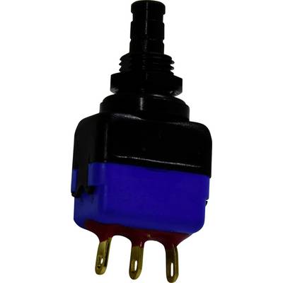 Malý černobílý elektrický přepínač s modrými zlatými kontakty, typicky používaný v elektronických nebo strojních aplikacích.