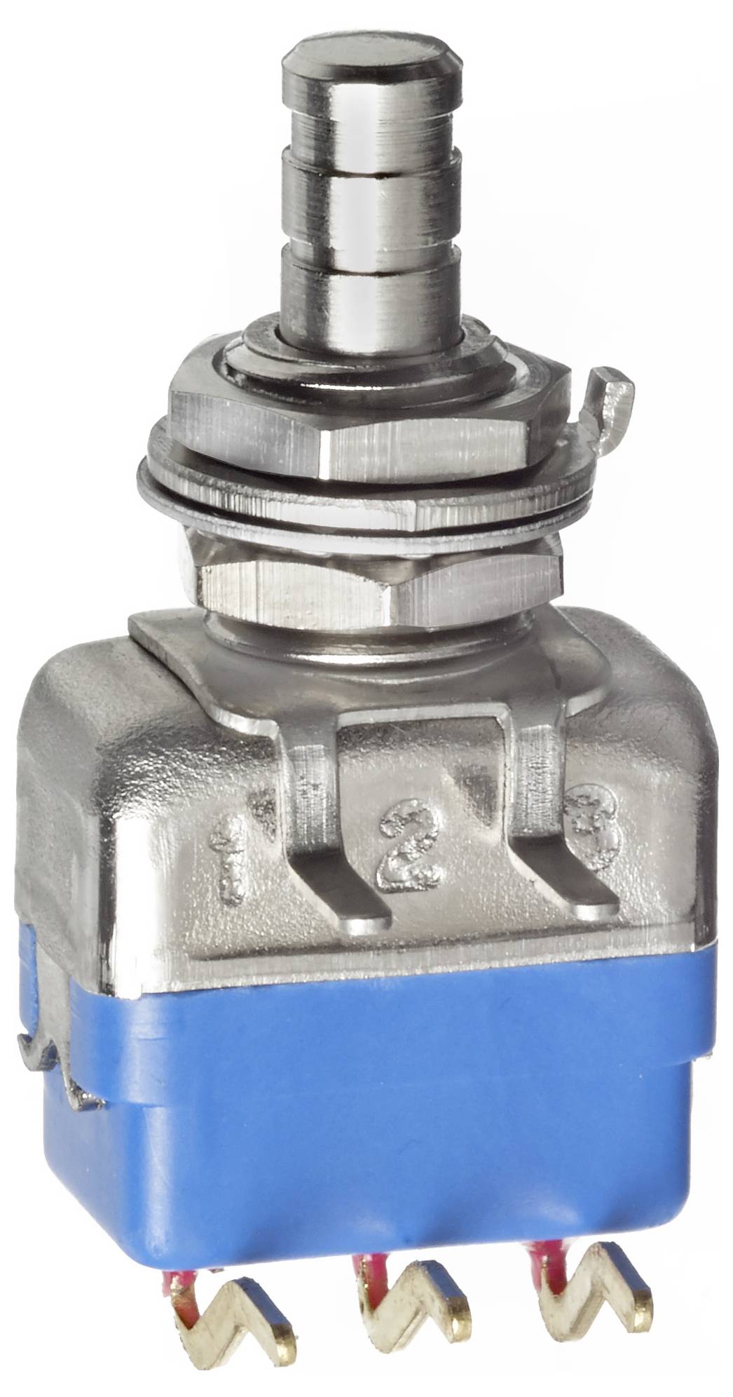 Kovový přepínač na páku s šestihrannou maticí a modrým plastovým pouzdrem vybaveným třemi kovovými kolíky na spodní části pro elektrické připojení.