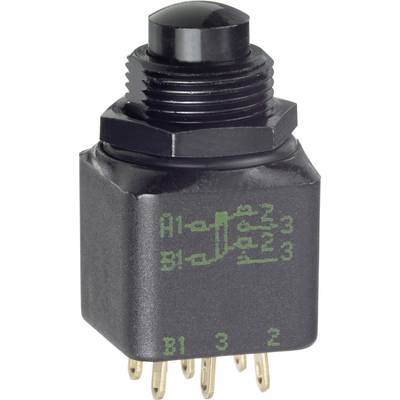 Černý přepínač typu páka s více zlatými kolíky označenými schematickým diagramem ukazujícím elektrické spojení mezi kolíky.