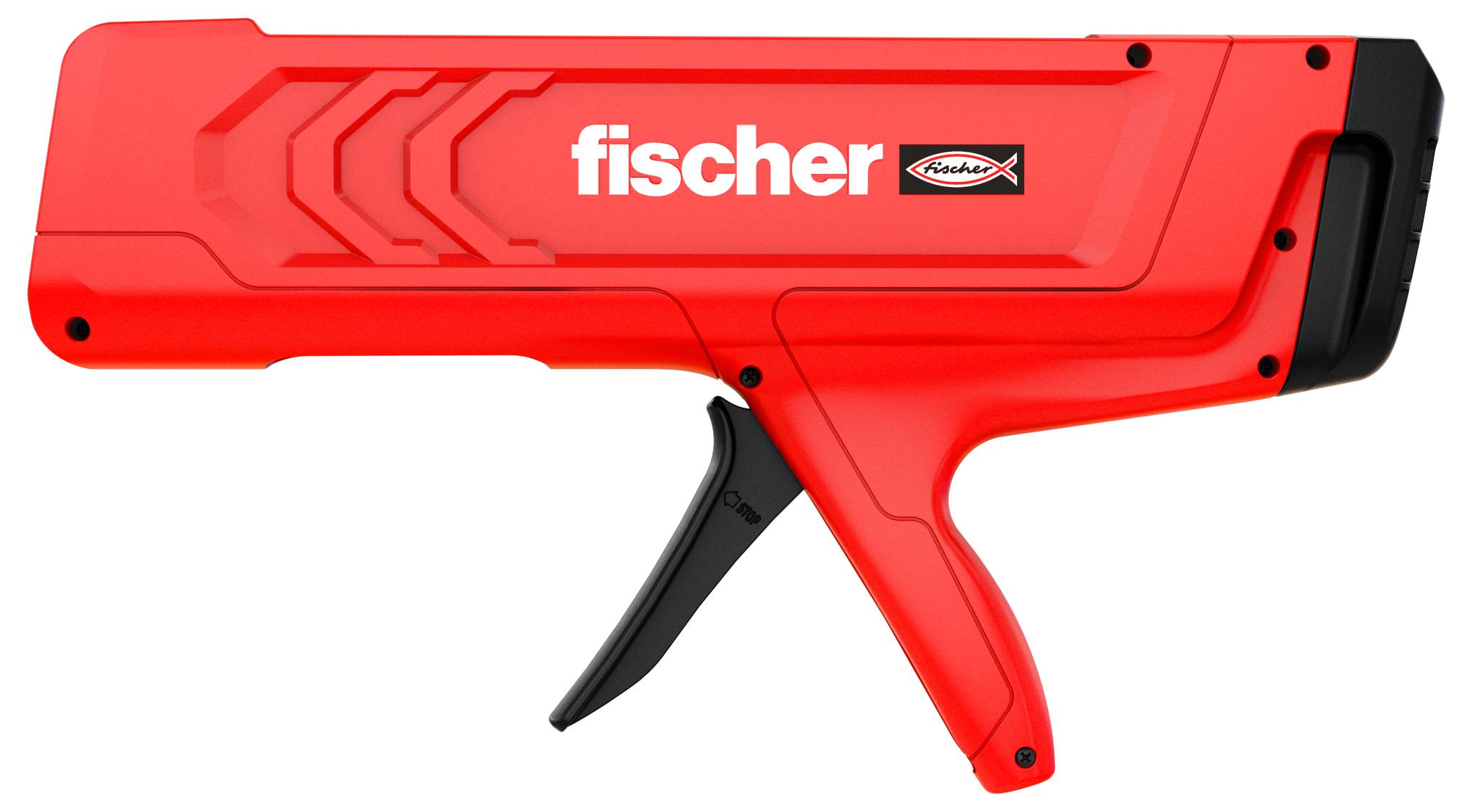Červený přenosný nástroj značky Fischer s černou spouští a hubicí, zobrazený na bílém pozadí.