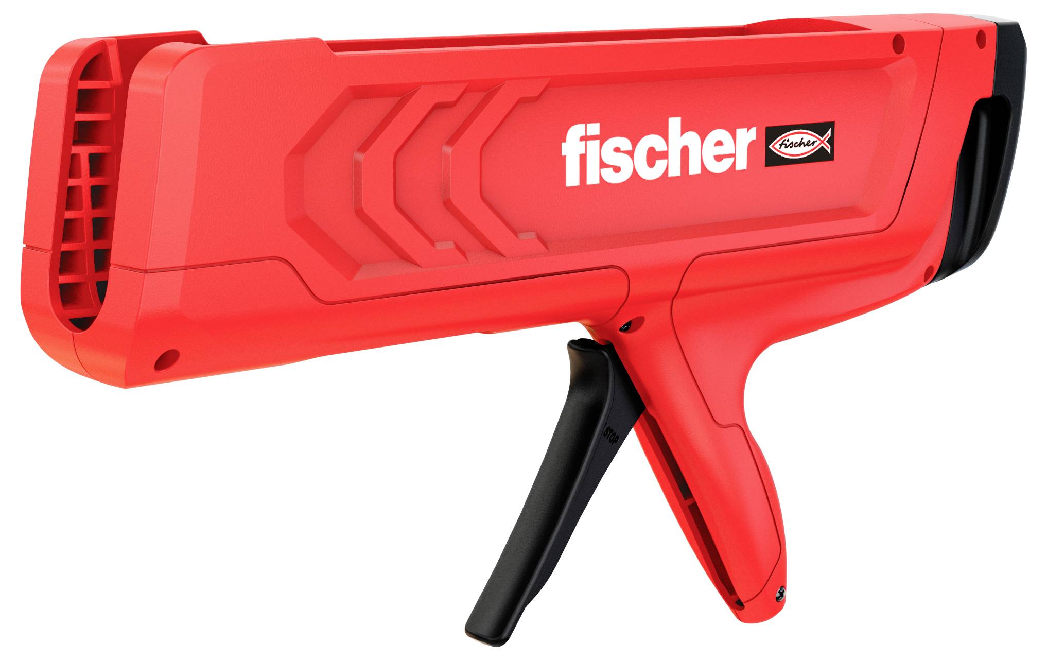 Červený ruční nástroj s značkou "fischer" zobrazené na straně, určený pro bezpečné aplikace upevňování, vybavený ergonomickou rukojetí.