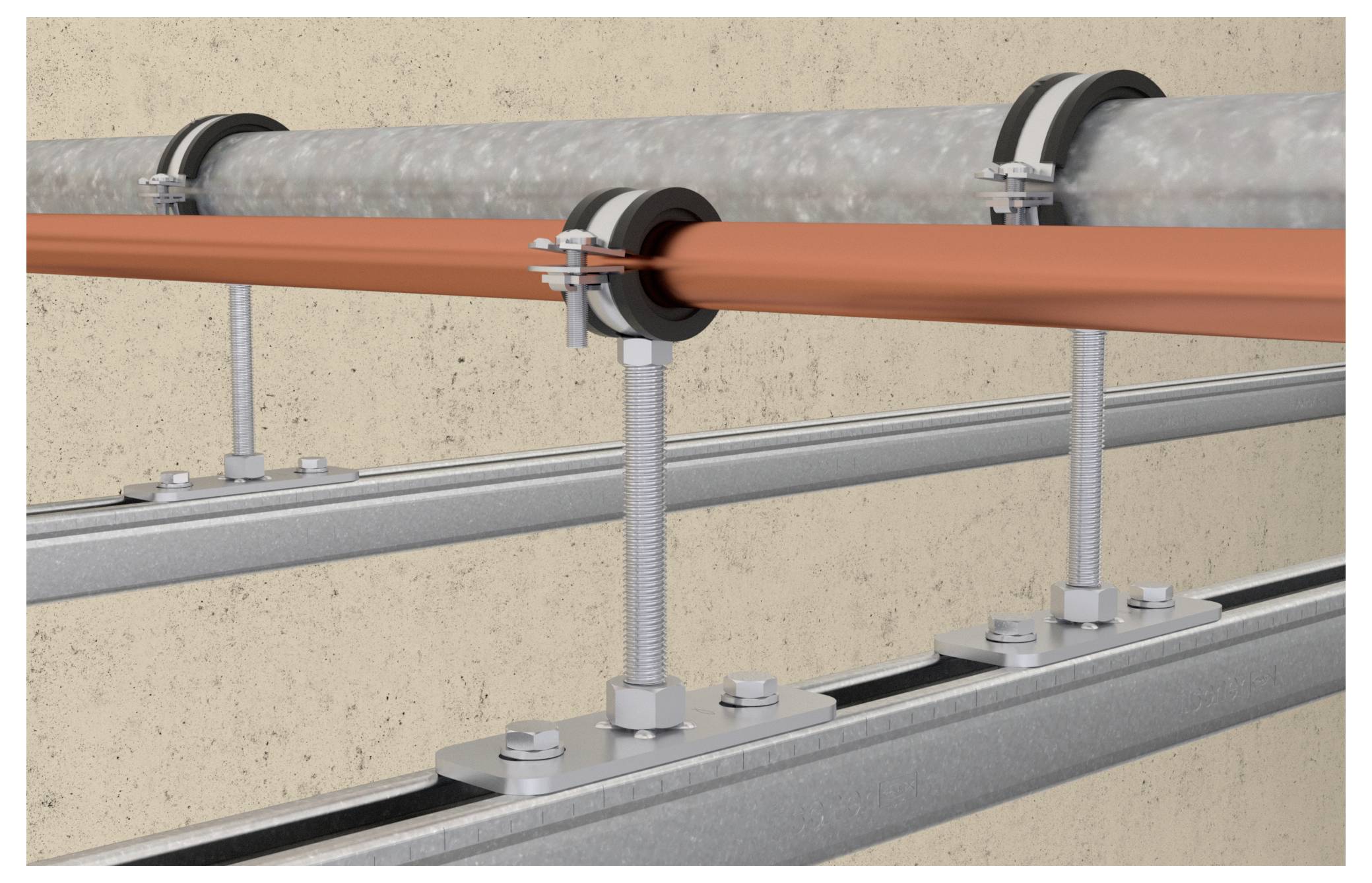 Ocelové a gumové spony upevňují kovové a oranžové trubky na vodorovných podpěrách na béžovém pozadí.