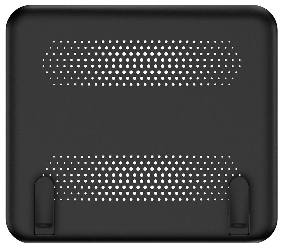 Černý podstavec na notebook s větraným designem a nastavitelnými podpěrnými křídly, vhodný pro chlazení a zvedání notebooků pro ergonomické používání.