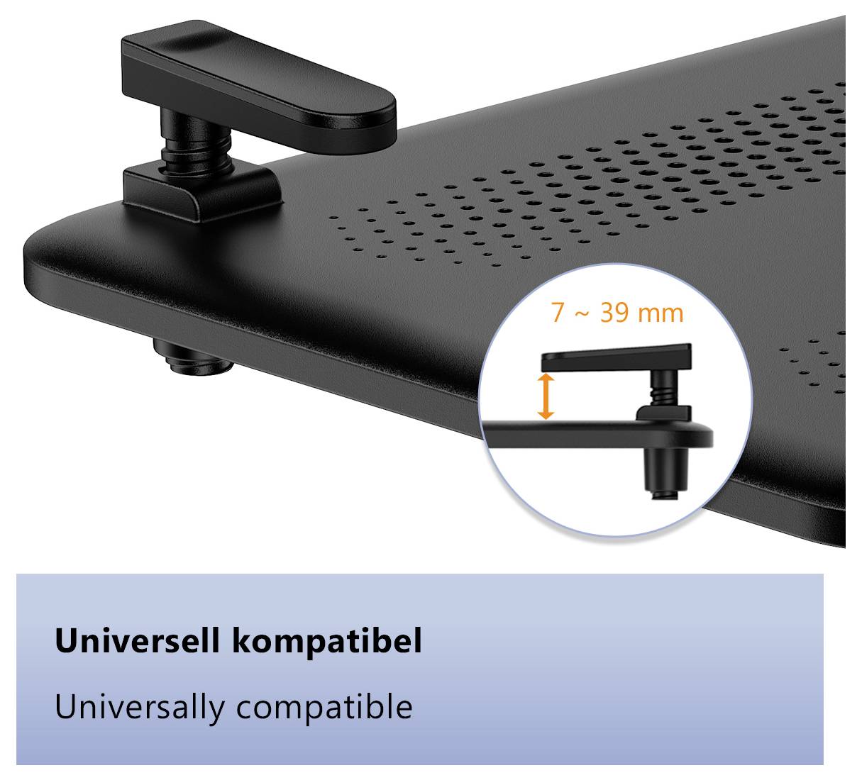 Nastavitelná černá svorkovaná souprava s označením „Universell kompatibel", což znamená „Univerzálně kompatibilní", se hodí na tloušťku 7 až 39 mm.