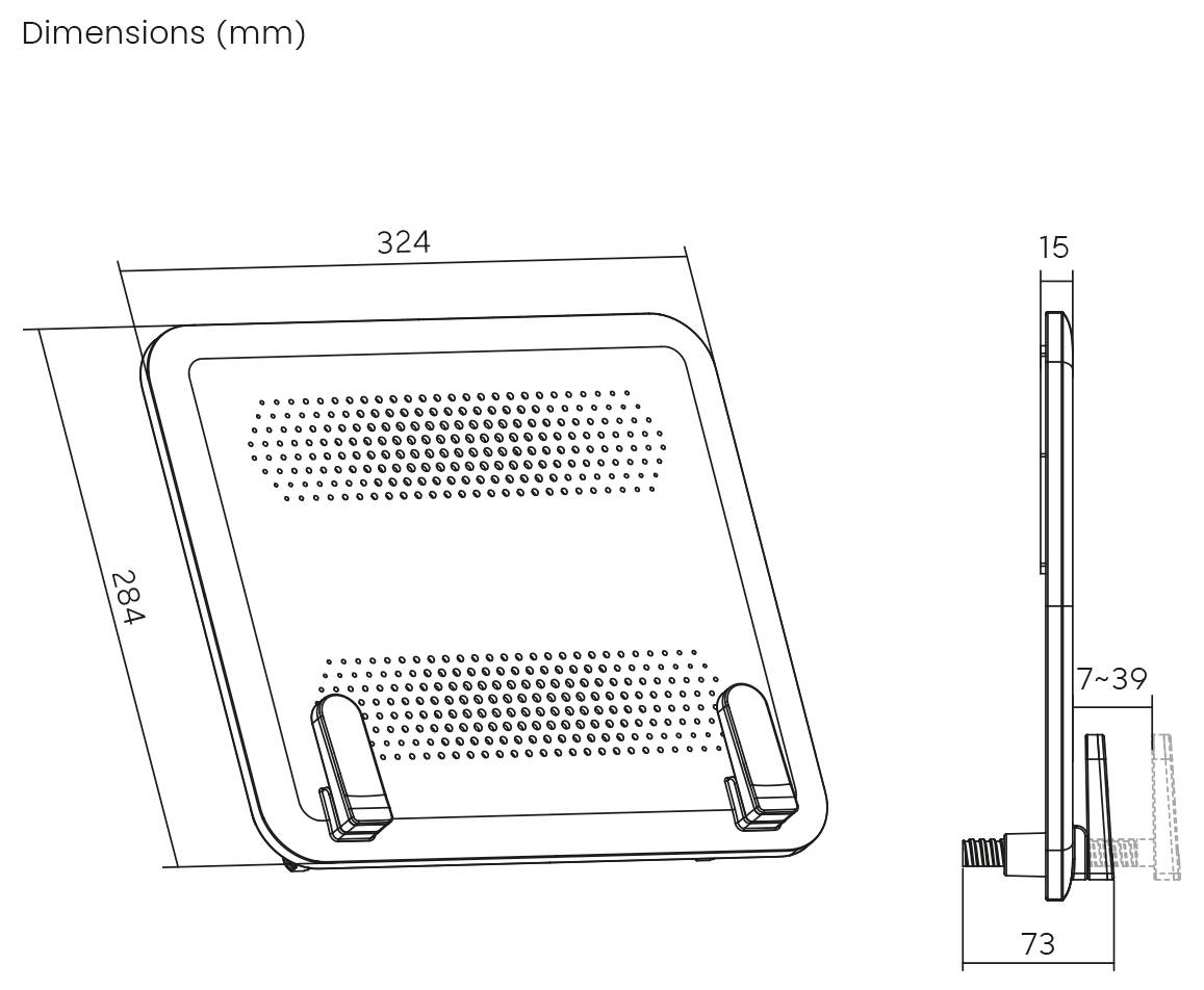 Diagram "Rozměry (mm)" znázorňuje obdélníkový objekt s otvory. Čelní pohled: 324mm šířka, 284mm výška. Boční pohled: 73mm hloubka.