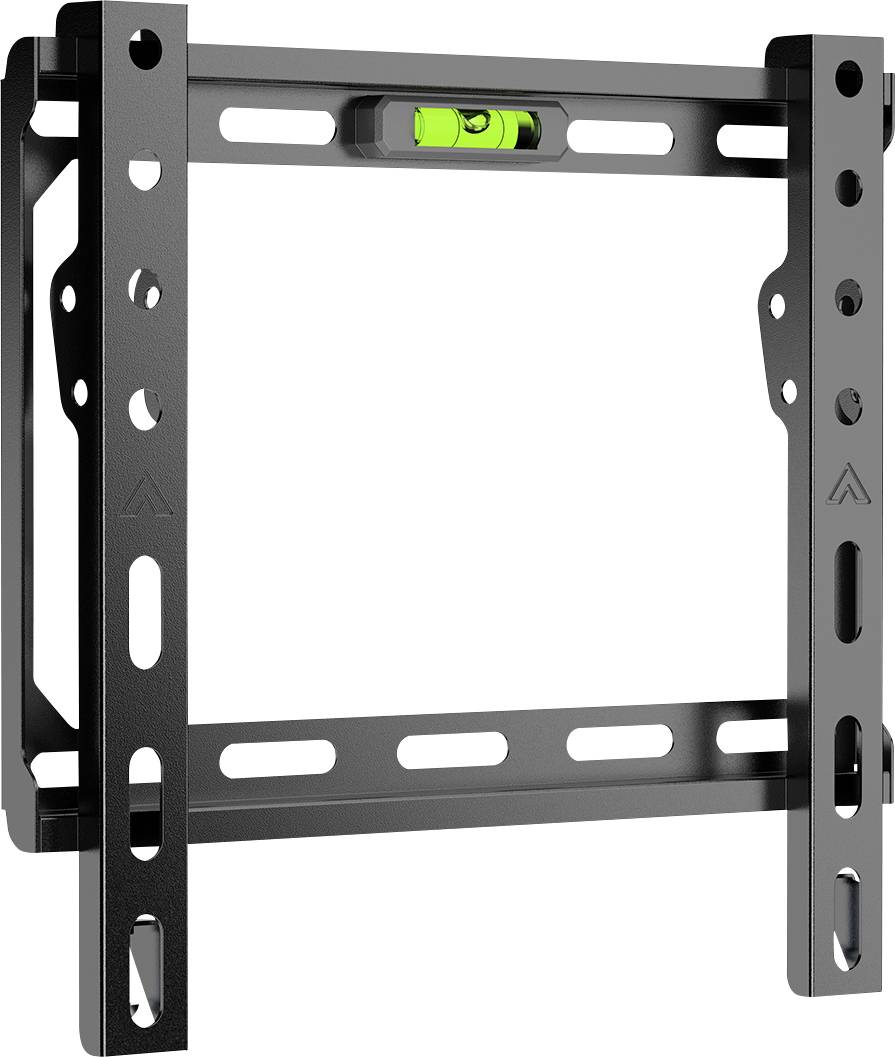 Černý kovový nástěnný držák na televizi s vestavěnou zelenou vodováhou, navržený pro plochopanelové televize, zobrazený izolovaně na bílém pozadí.