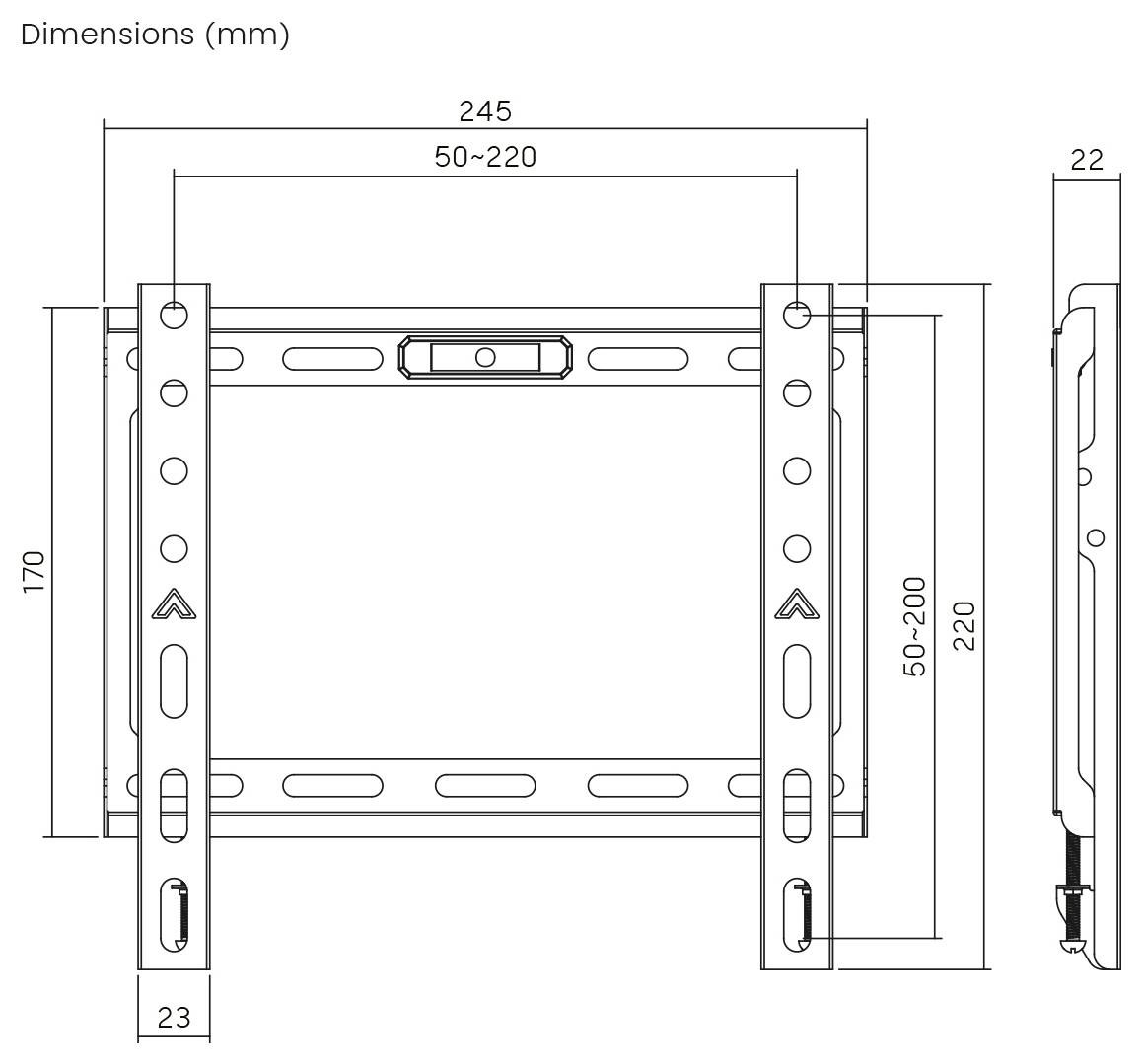 Rozměry nástěnného držáku: šířka 245 mm, výška 170 mm, nastavitelný od 50 do 220 mm. Tloušťka v bočním pohledu je 22 mm.