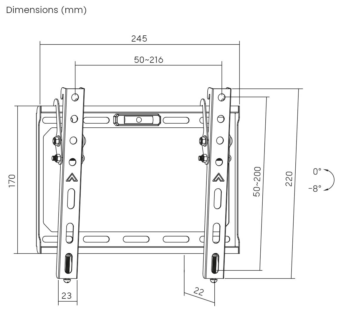 Diagram nástěnného držáku se rozměry v milimetrech: Šířka 245, Výška 170, Hloubka 22. Nastavitelný sklon od 0 do -8 stupňů.