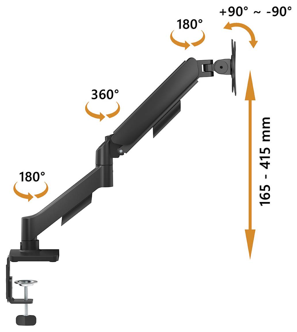 Rameno monitoru s nastavitelnými úhly: 180° otáčení u základny, 360° otočení v lokti, 180° sklon na konci. Výška nastavitelná od 165 do 415 mm.