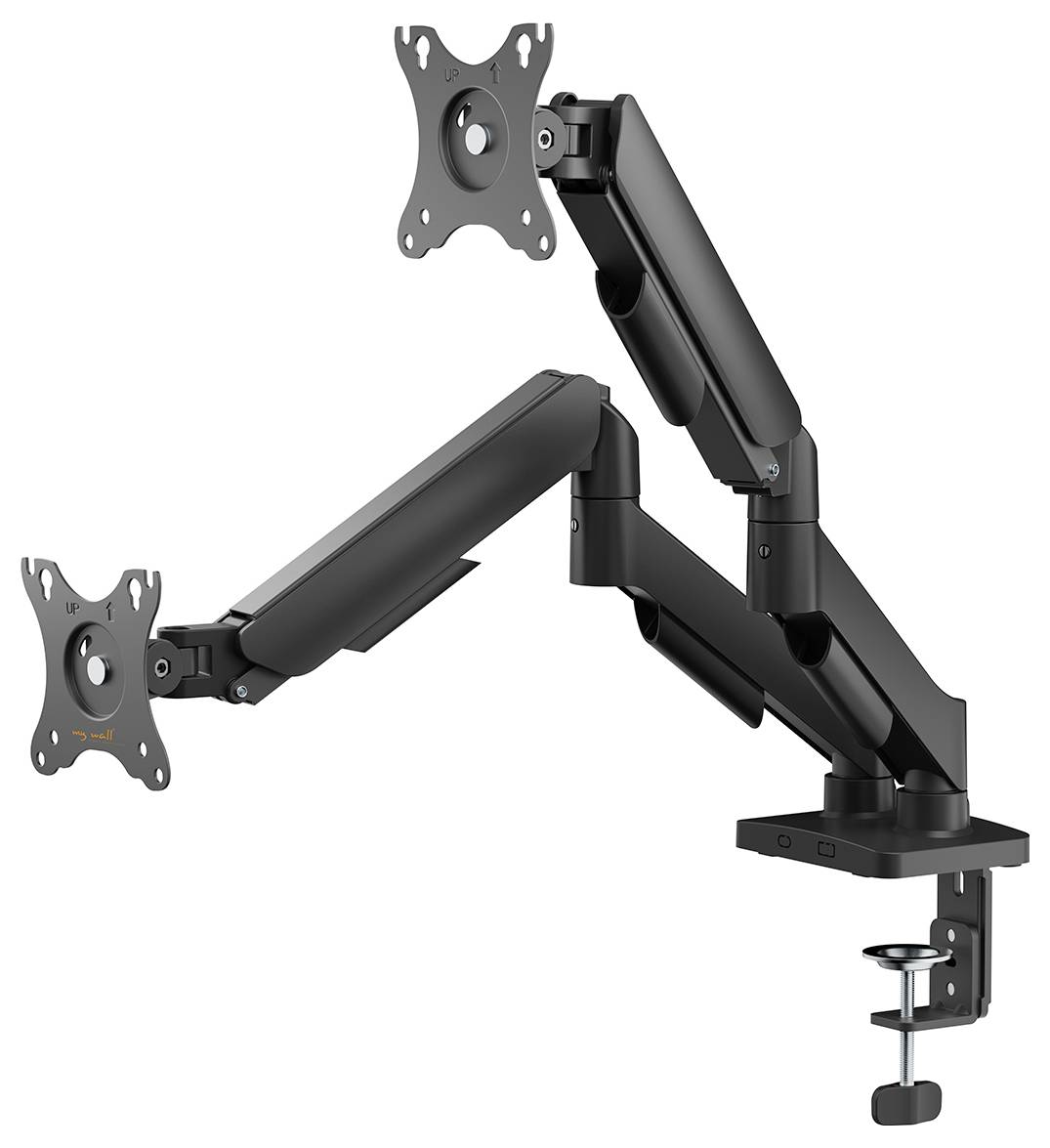 Rameno pro montáž monitoru na stůl se dvěma nastavitelnými rameny pro duální nastavení obrazovky, navržené pro upevnění na hranu stolu pro ergonomickou pozici.