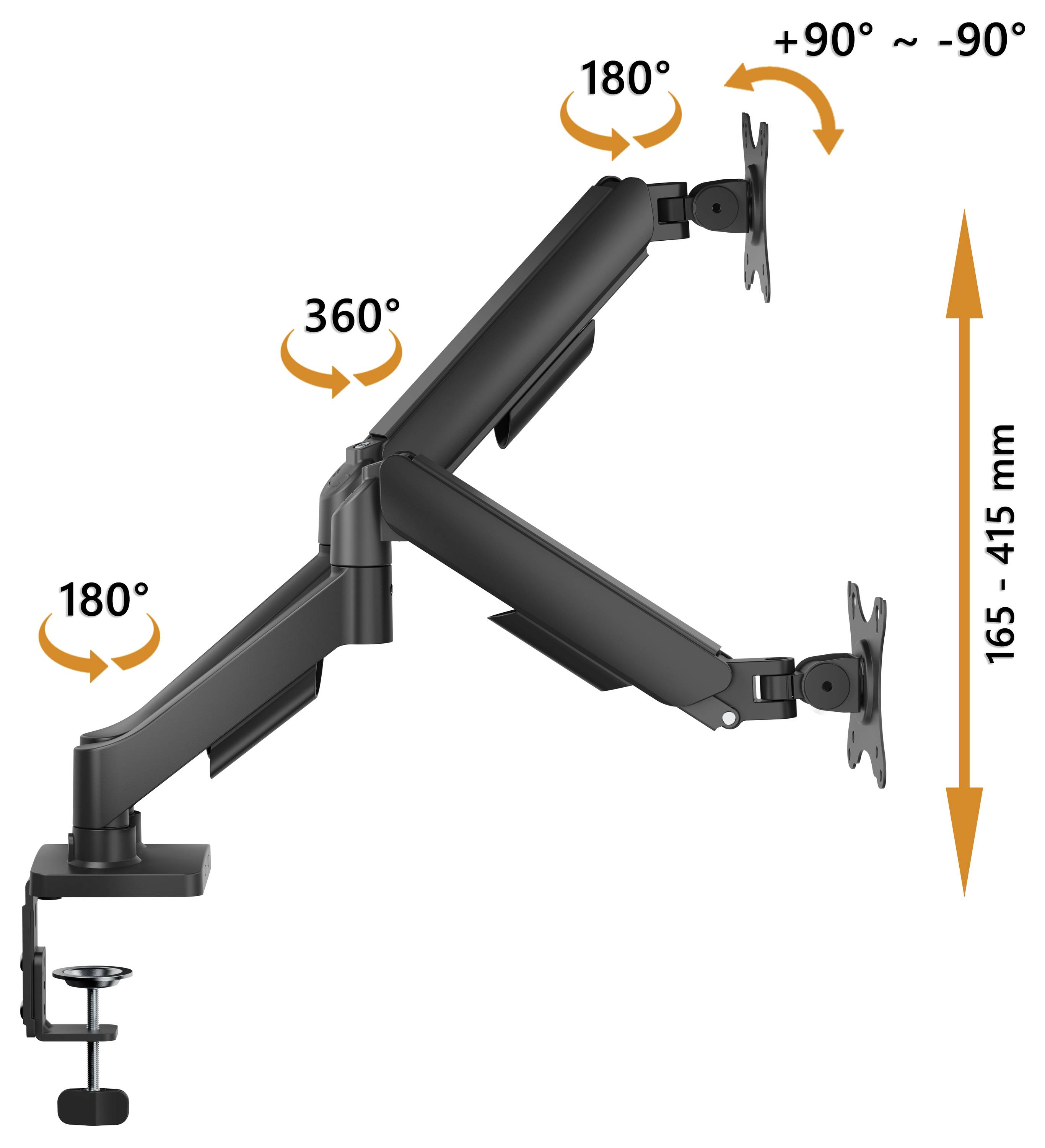 Nastavitelné dvojité rameno na monitor s možností sklonu 180 stupňů, rotací 360 stupňů a výškovým rozsahem od 165 do 415 mm.