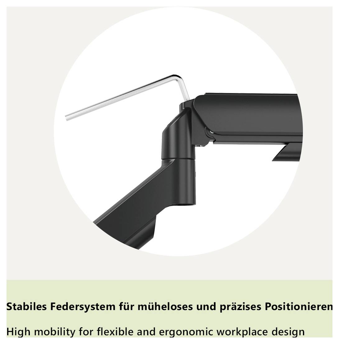 'Stabilní pružný systém pro bez námahy a přesné umístění. Vysoká mobilita pro flexibilní a ergonomický design pracoviště.' Kloubové rameno se systémem pružin.