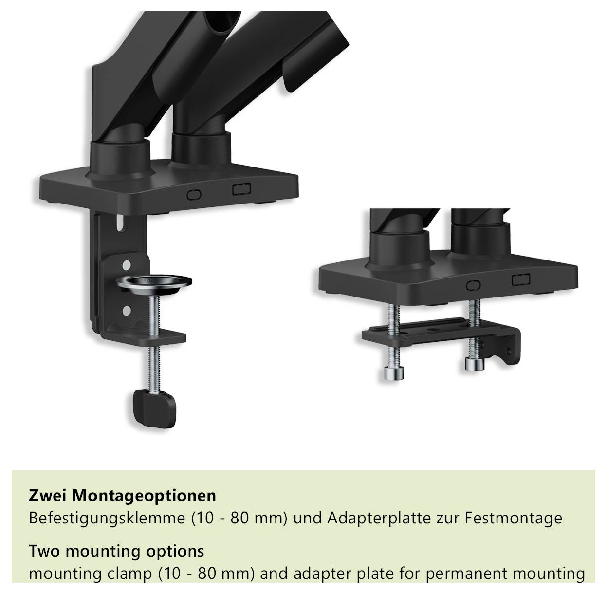 Dvě možnosti montáže: upevňovací svorka (10 - 80 mm) a adaptační deska pro trvalé upevnění.