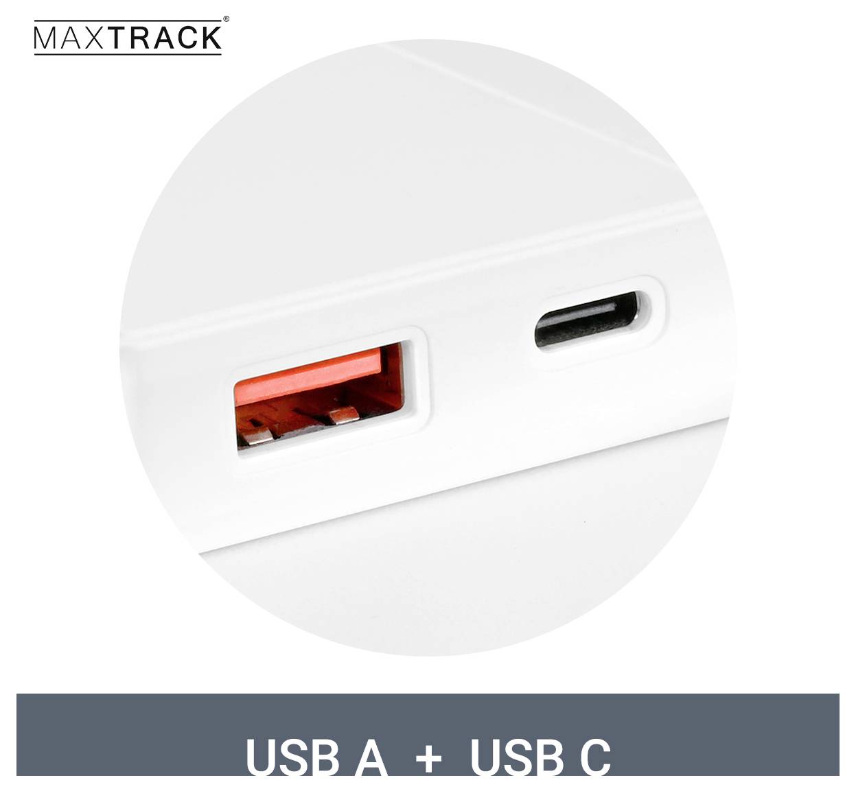 Obrázek 'MAXTRACK' ukazuje detail portů USB A a USB C na bílém zařízení. Text pod ním zní 'USB A + USB C'.