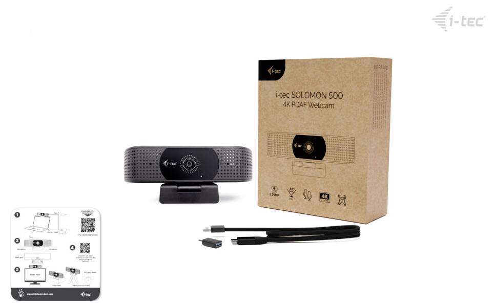 Krabice „i-tec SOLOMON 500 4K PDAF Webcam", webkamera, USB kabel a uživatelská příručka.