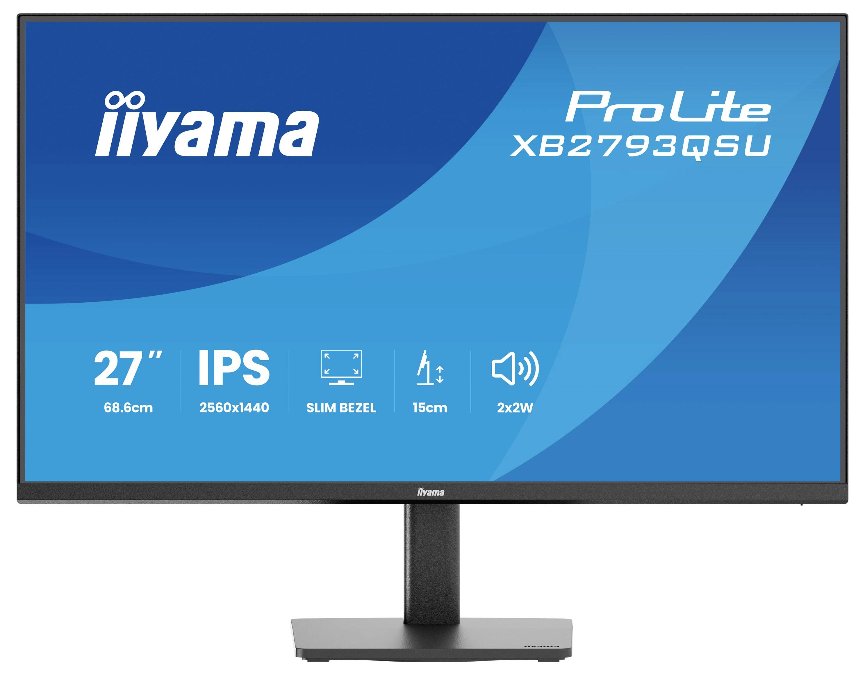 Monitor s textem "iiyama ProLite XB2793QSU". Má 27" displej, rozlišení 2560x1440, IPS panel, úzký rámeček a 2x2W reproduktory.