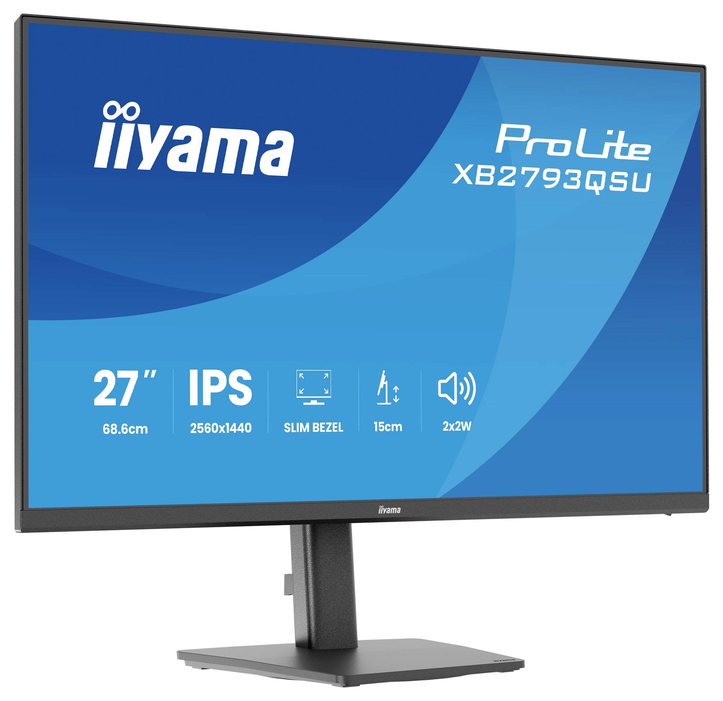 Monitor s označením 'iiyama ProLite XB2793QSU', vybavený 27palcovou obrazovkou, rozlišením 2560x1440, tenkým rámečkem a 2x2W reproduktory.
