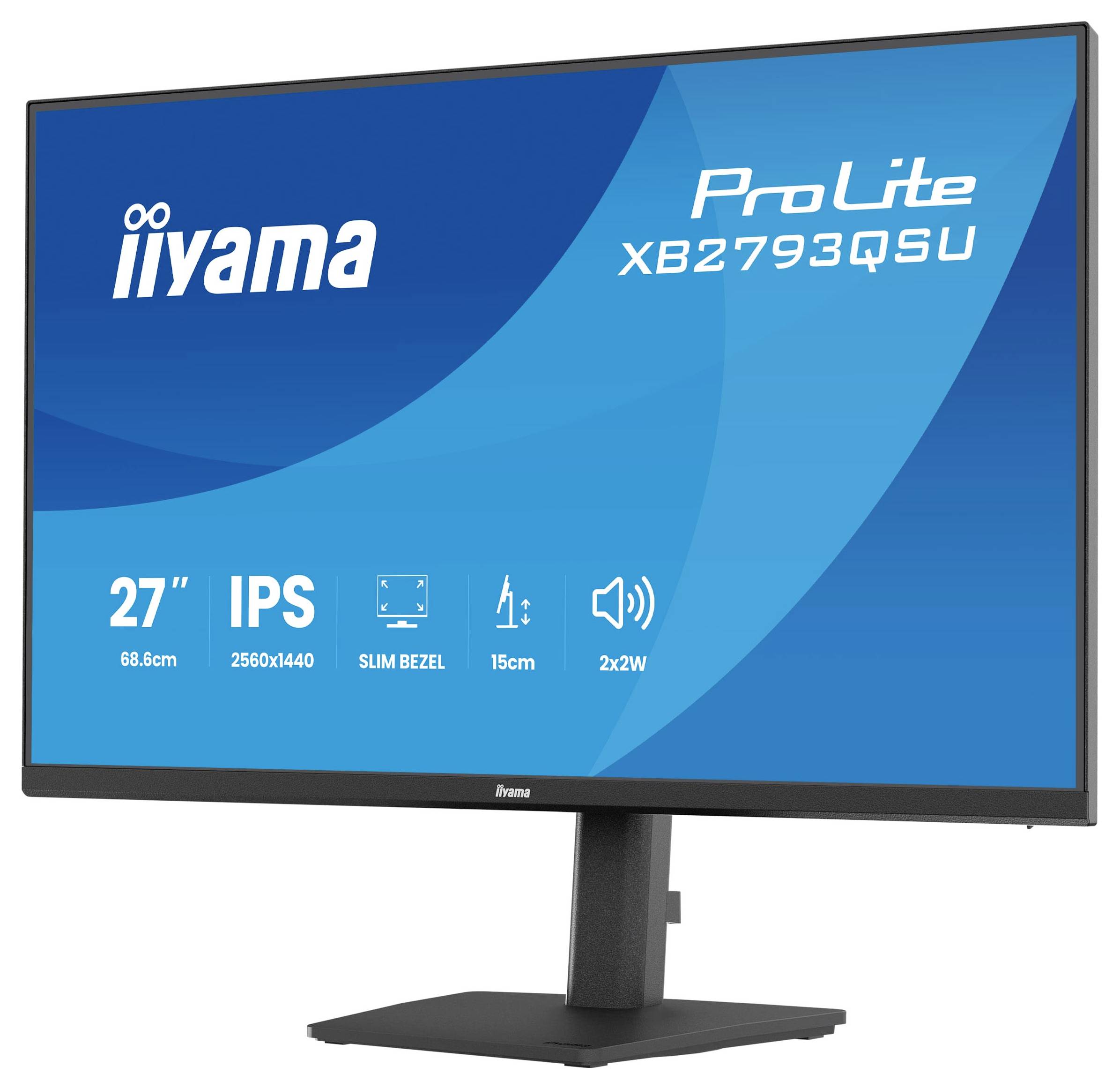 Monitor zobrazující své vlastnosti: 'iiyama ProLite XB2793QSU'. Mezi klíčové vlastnosti patří 27" IPS obrazovka, rozlišení 2560x1440, tenký rámeček.