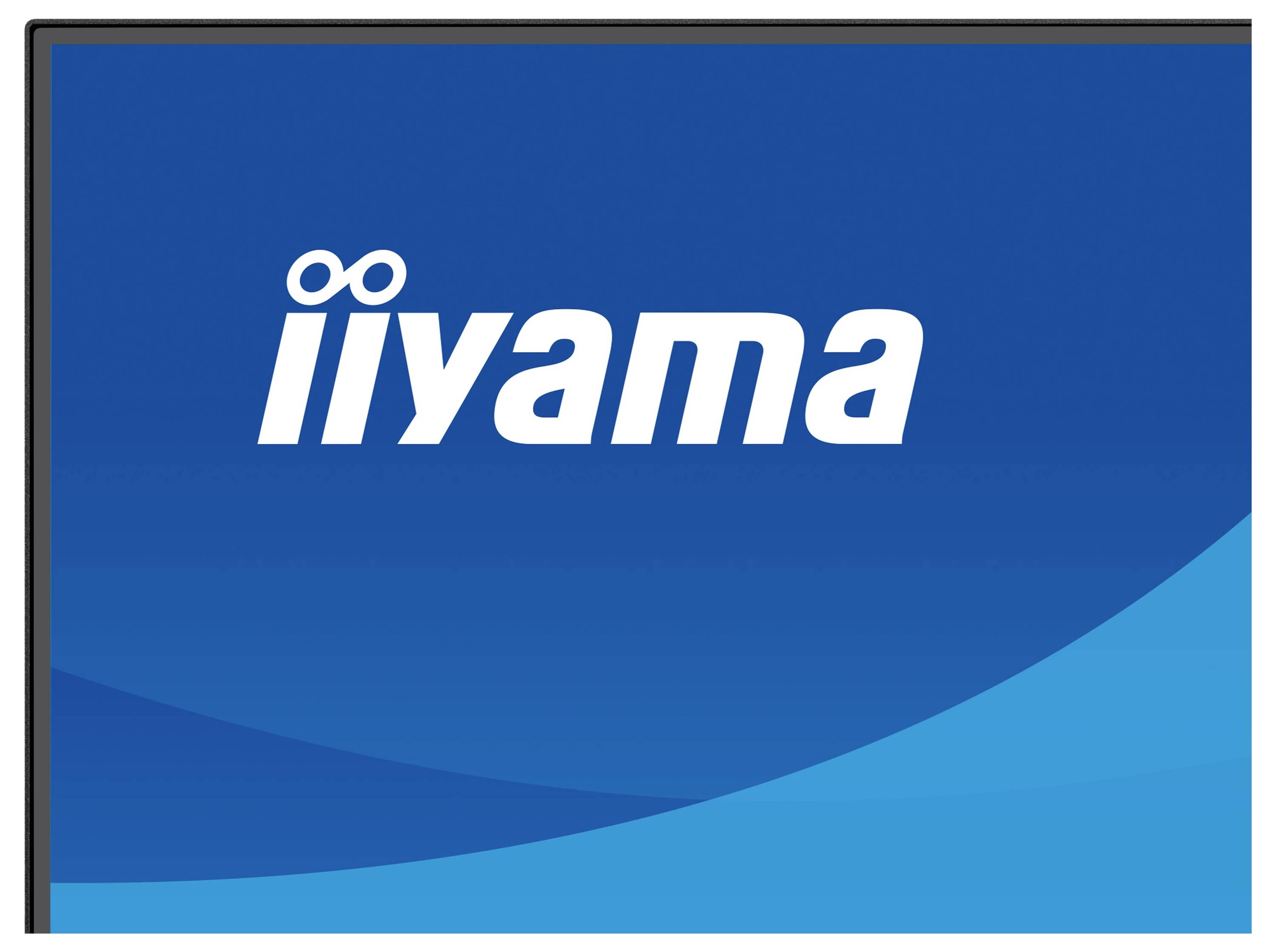 Obrázek ukazuje logo iiyama na modrém pozadí s křivkovitým designem.