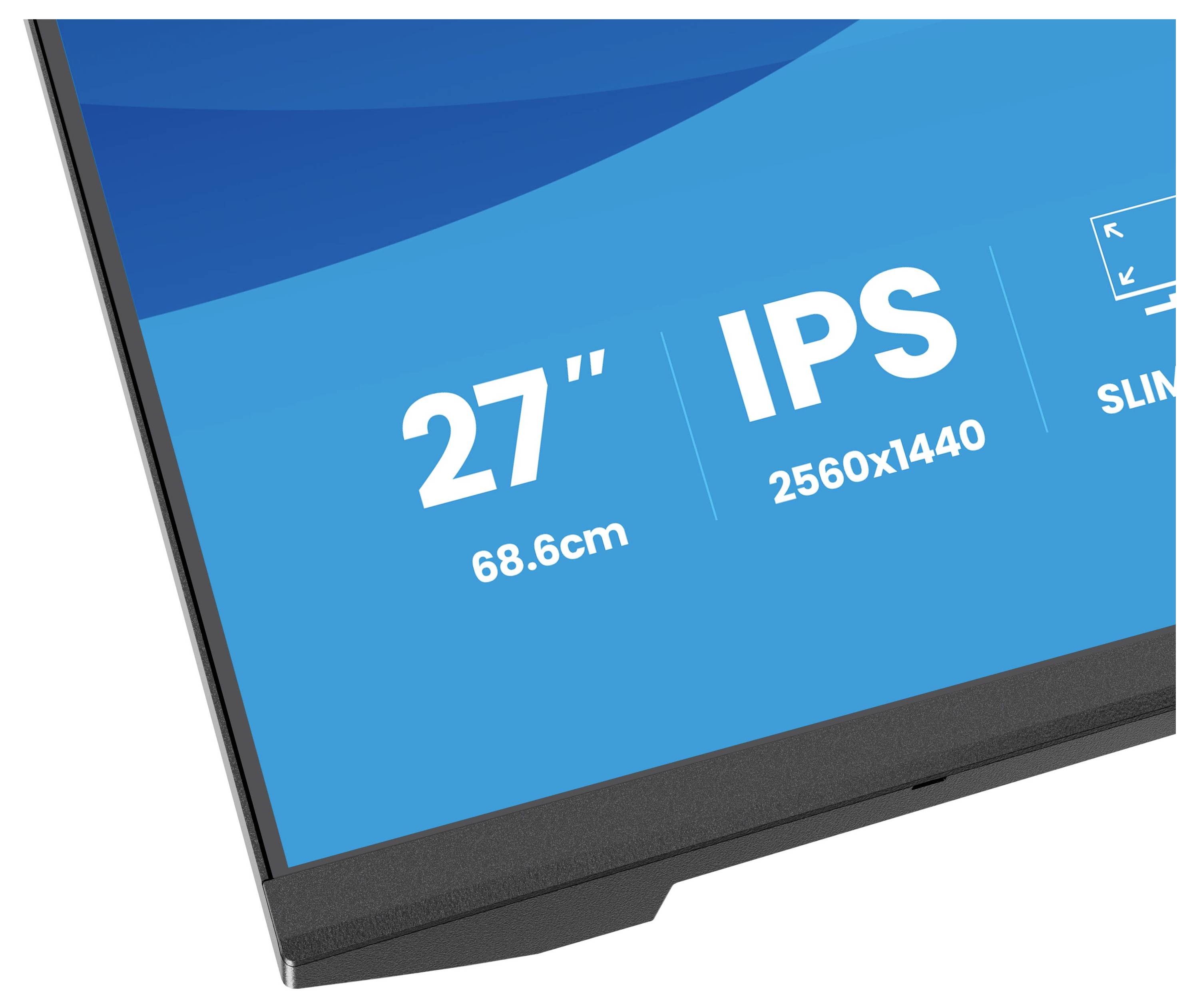 Monitor Iiyama ProLite XB2797QSU zobrazující specifikace: 27" IPS displej, rozlišení 2560x1440, tenký rám, nastavení 15cm, 2x2W reproduktory.