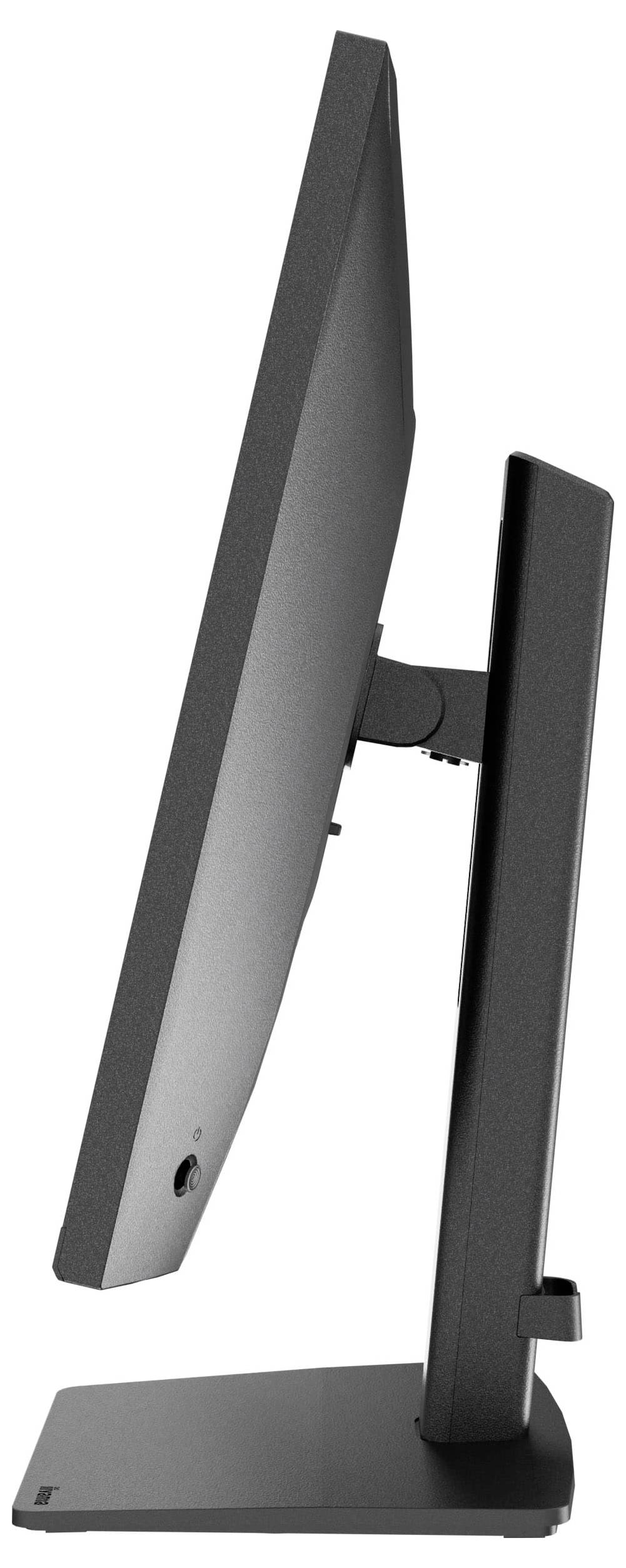 Boční pohled na elegantní černý monitor s tenkým profilem na robustním stojanu, který zdůrazňuje jeho moderní design.