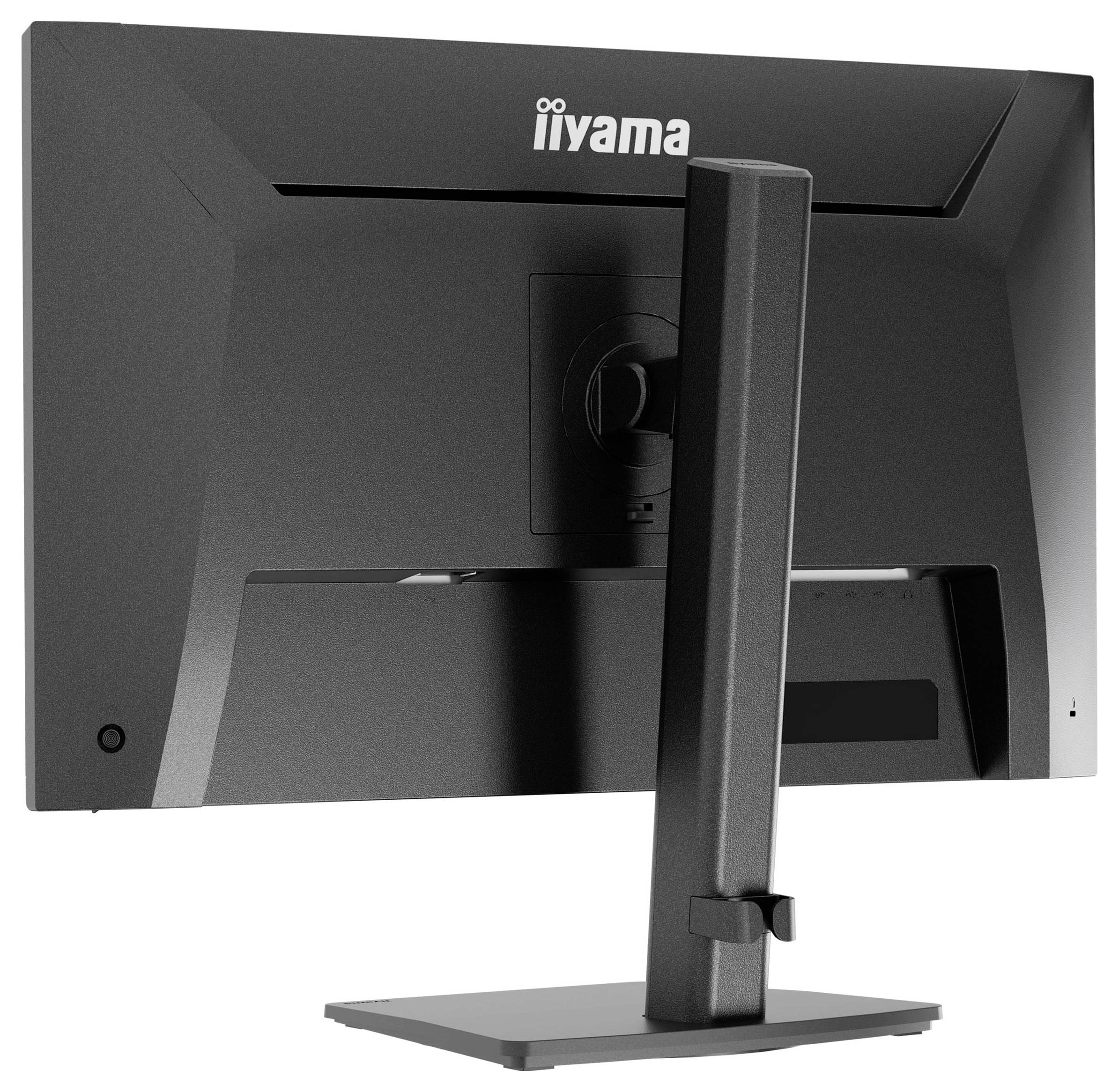 Obrázek ukazuje zadní stranu monitoru Iiyama se stabilním, nastavitelným stojanem a funkcí správy kabelů, která je navržena pro ergonomické použití.