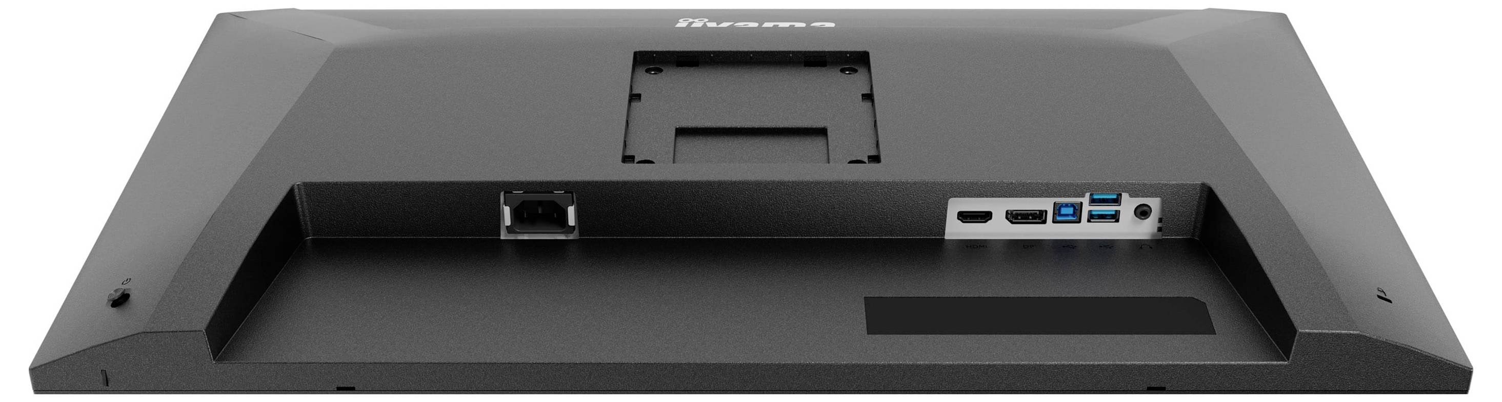 'Zadní pohled na monitor zobrazující porty HDMI, DisplayPort, porty USB a slot pro připojení napájení s montážní konzolou uprostřed.'