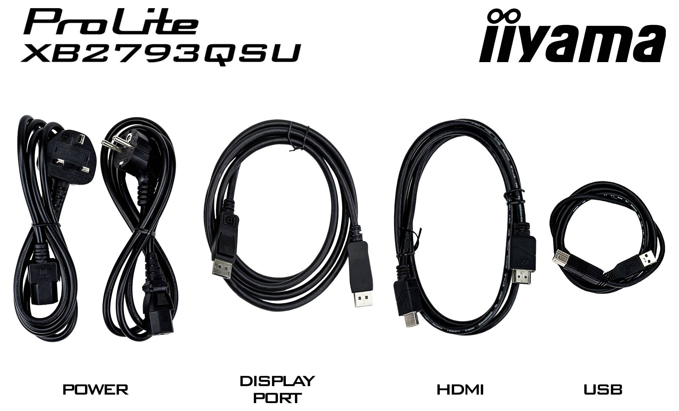 Kabely pro "iiyama ProLite XB2793QSU" včetně napájecího kabelu, displej portu, HDMI a USB jsou zobrazeny.