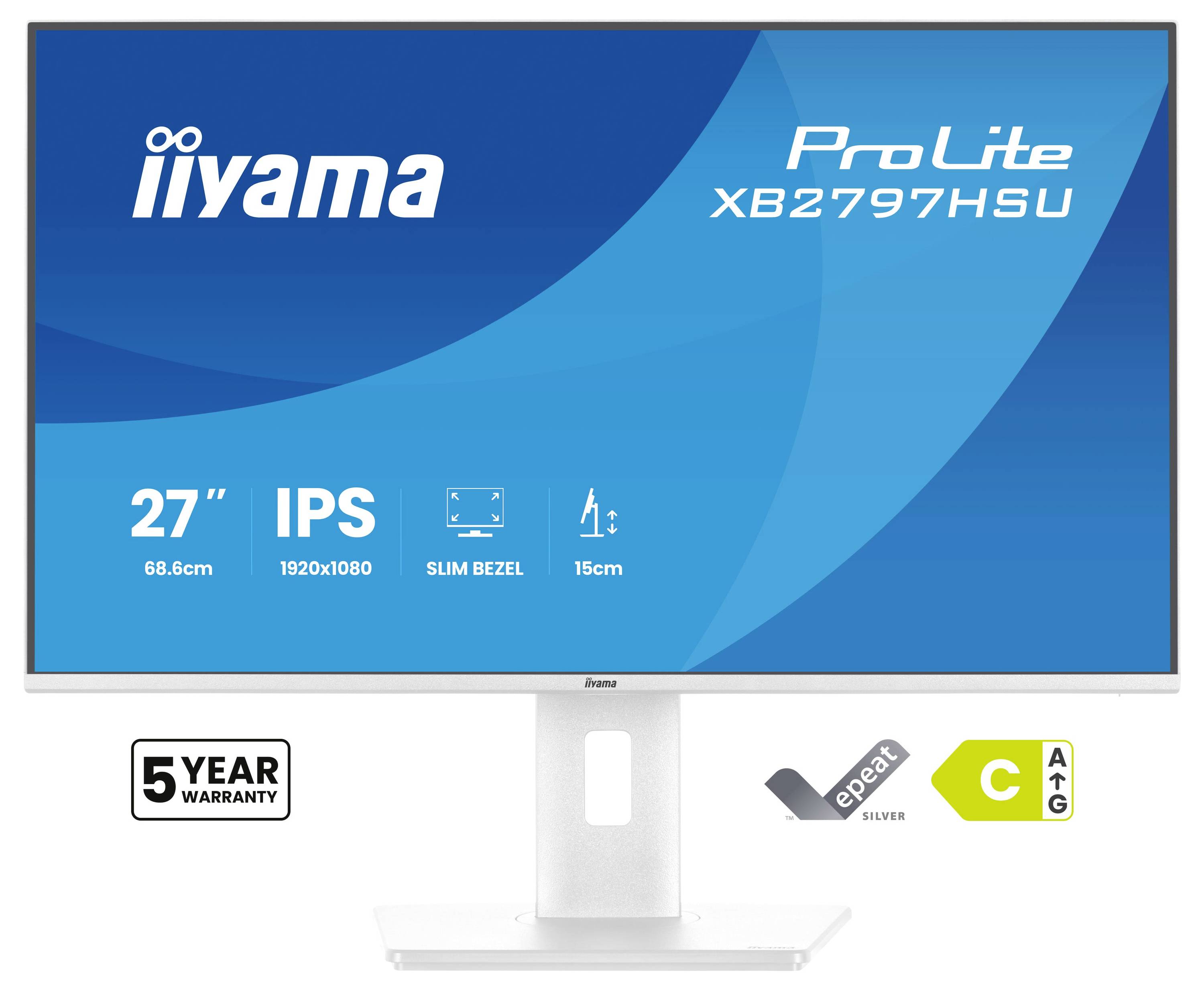 Monitor 'Iiyama ProLite XB2797HSU', 27 palců, IPS, rozlišení 1920x1080, tenký rámeček. Funkce zahrnují 5letou záruku, energetickou třída C.