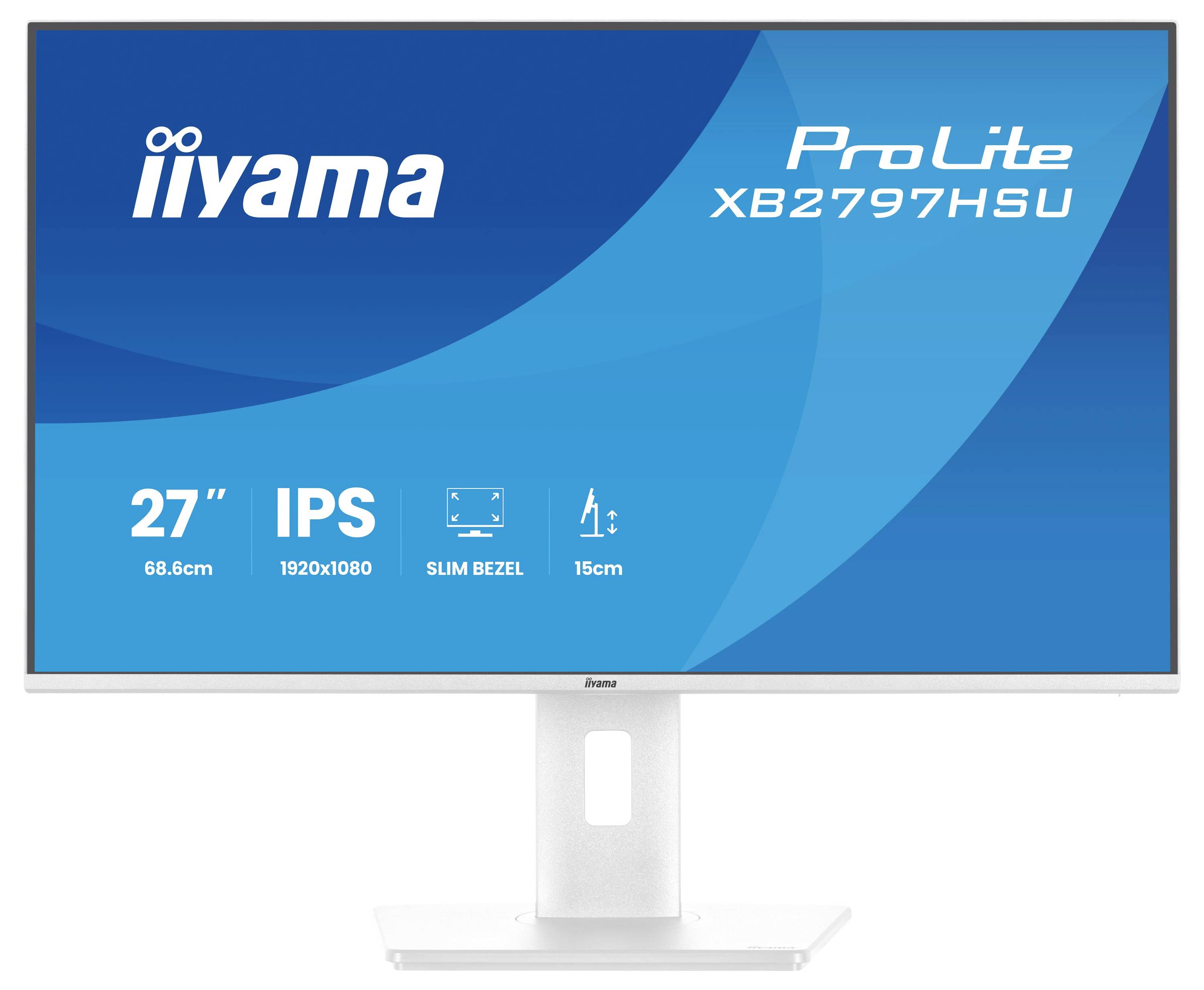 Monitor Iiyama ProLite XB2797HSU s 27palcovým IPS displejem, rozlišením 1920x1080, tenkým rámečkem a 15cm nastavitelným stojanem.