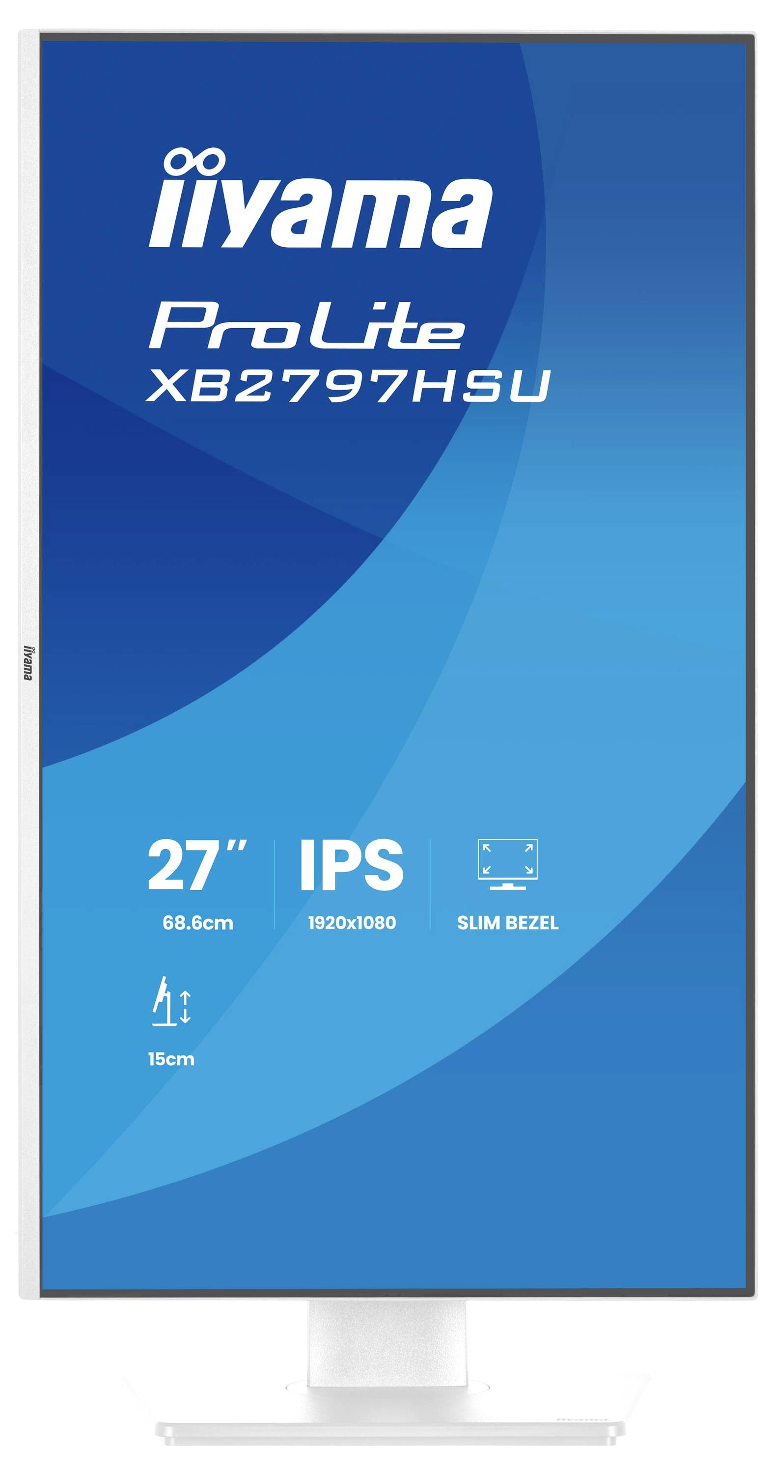 Reklamní plakát monitoru s modelem „iiyama ProLite XB2797HSU" s 27palcovou IPS obrazovkou, rozlišením 1920x1080 a tenkým rámečkem.