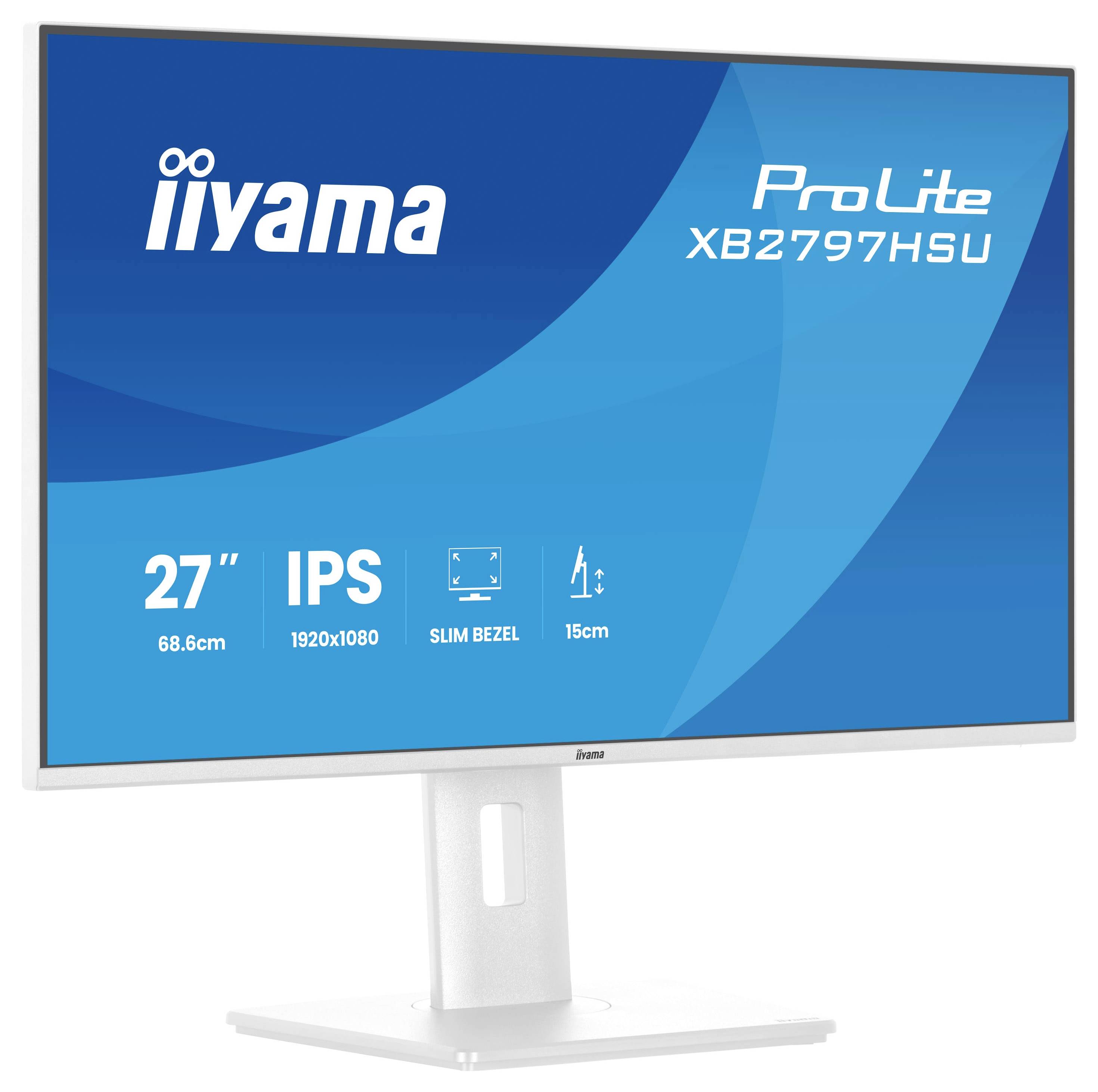 Počítačový monitor zobrazující 'iiyama ProLite XB2797HSU'. Součástí jsou 27 palců, IPS, rozlišení 1920x1080, tenký rámec, nastavitelnost 15 cm.