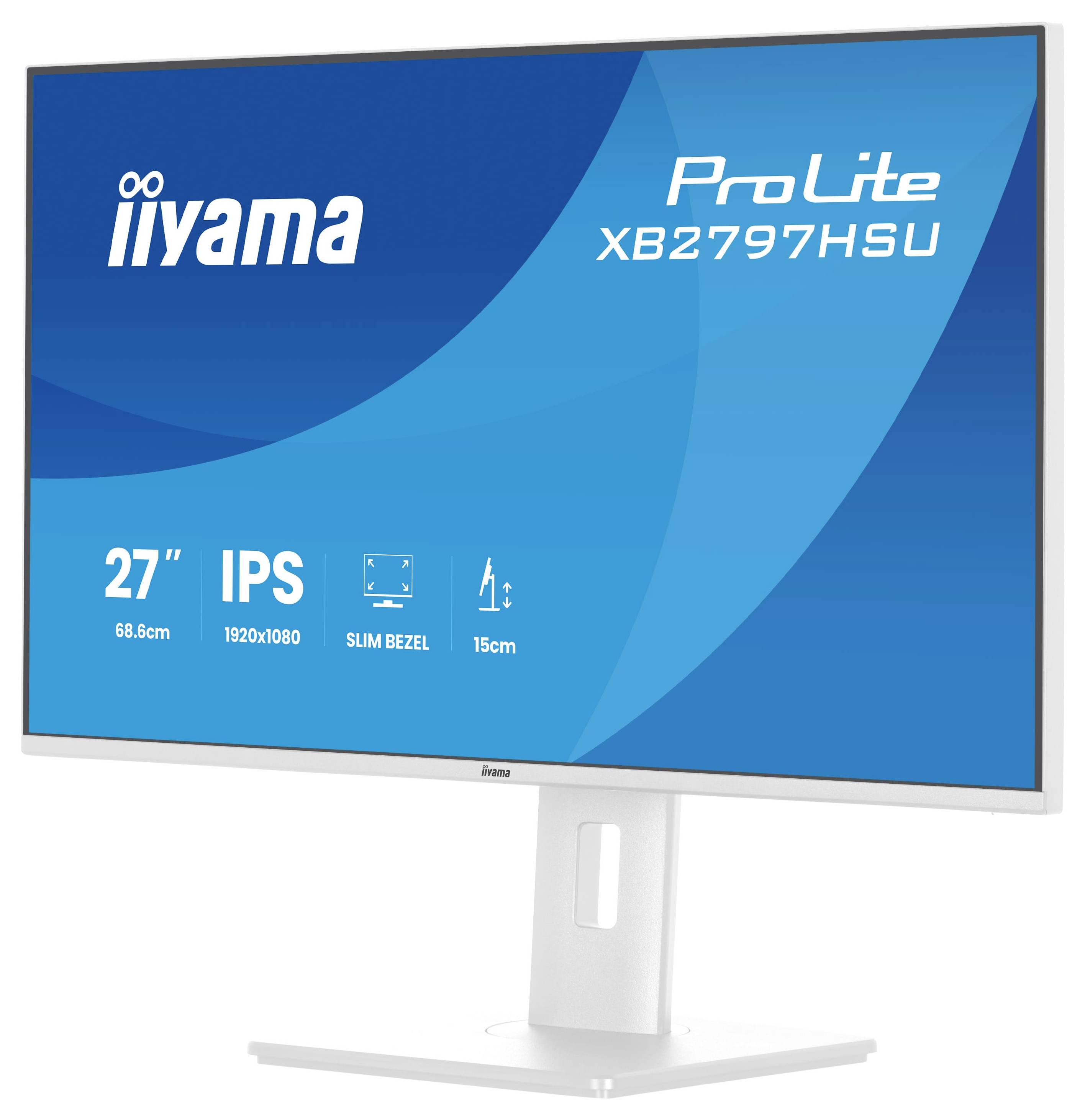 Monitor 'iiyama ProLite XB2797HSU', velikost 27 palců, IPS displej, rozlišení 1920x1080, tenký rám a nastavitelný stojan.