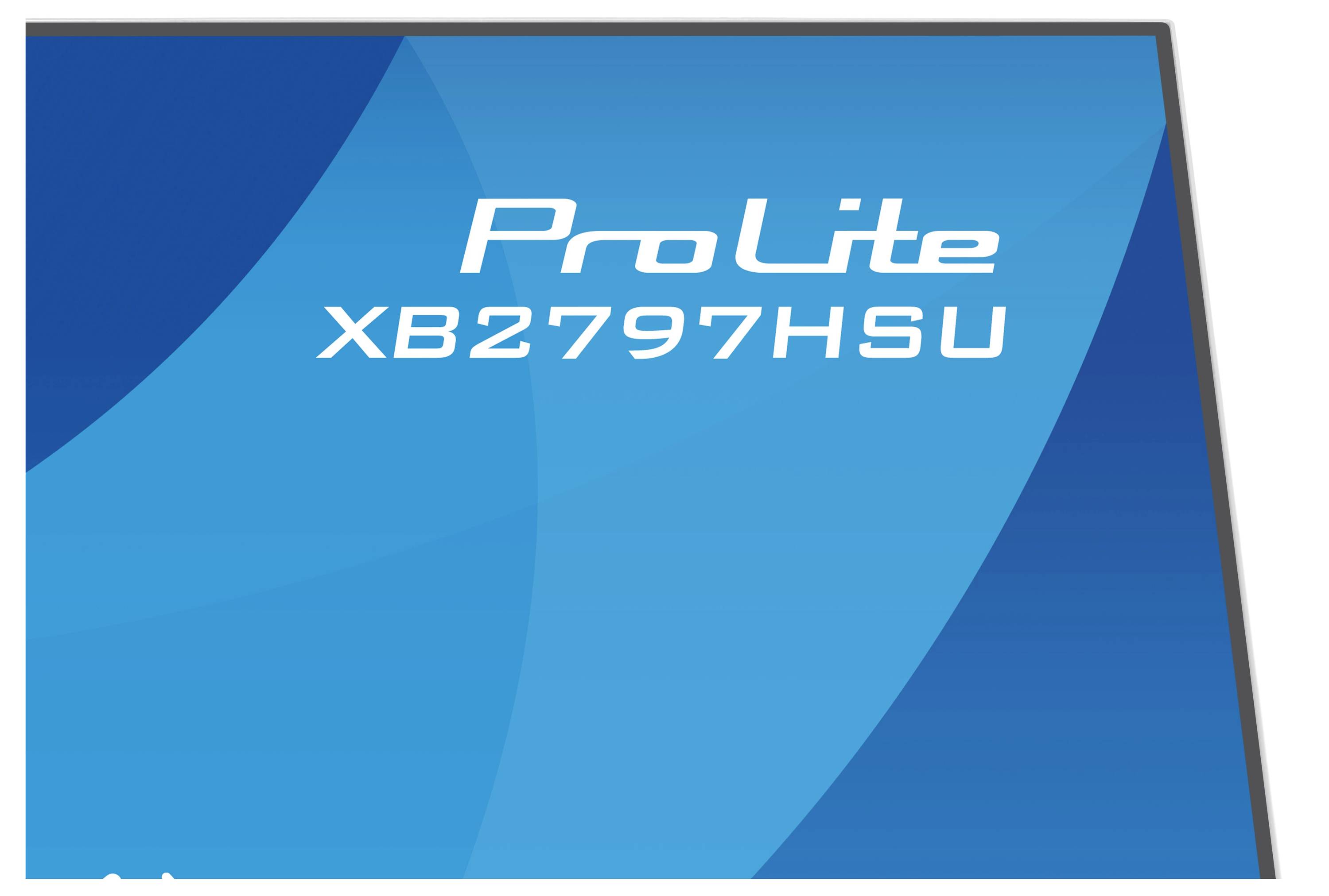 Monitor model 'ProLite XB2797HSU' zobrazený na modrém pozadí se stylizovanými křivkami.