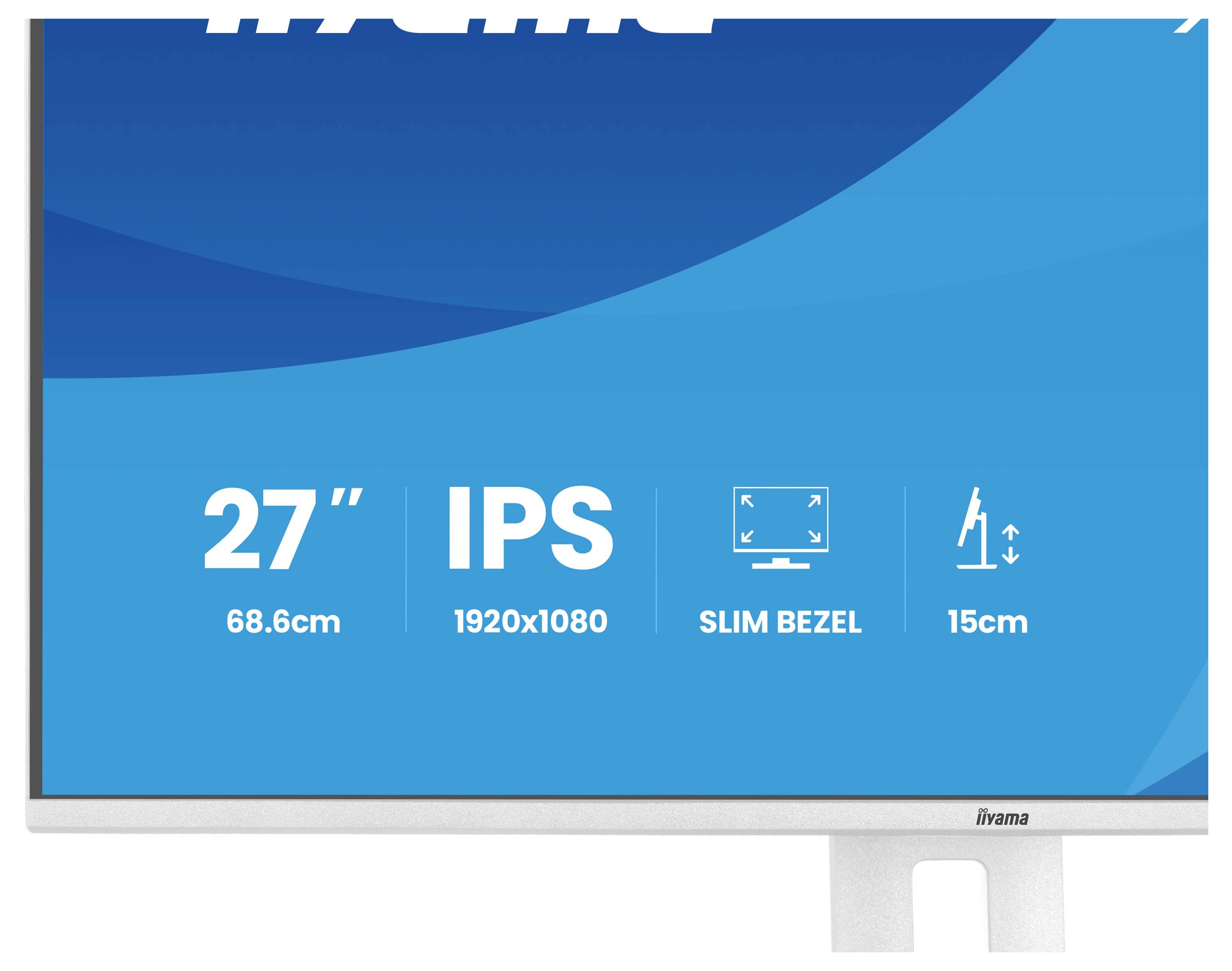 Monitor počítače se zobrazenými specifikacemi: '27" (68,6 cm), IPS, rozlišení 1920x1080, tenký rámeček, 15 cm'.