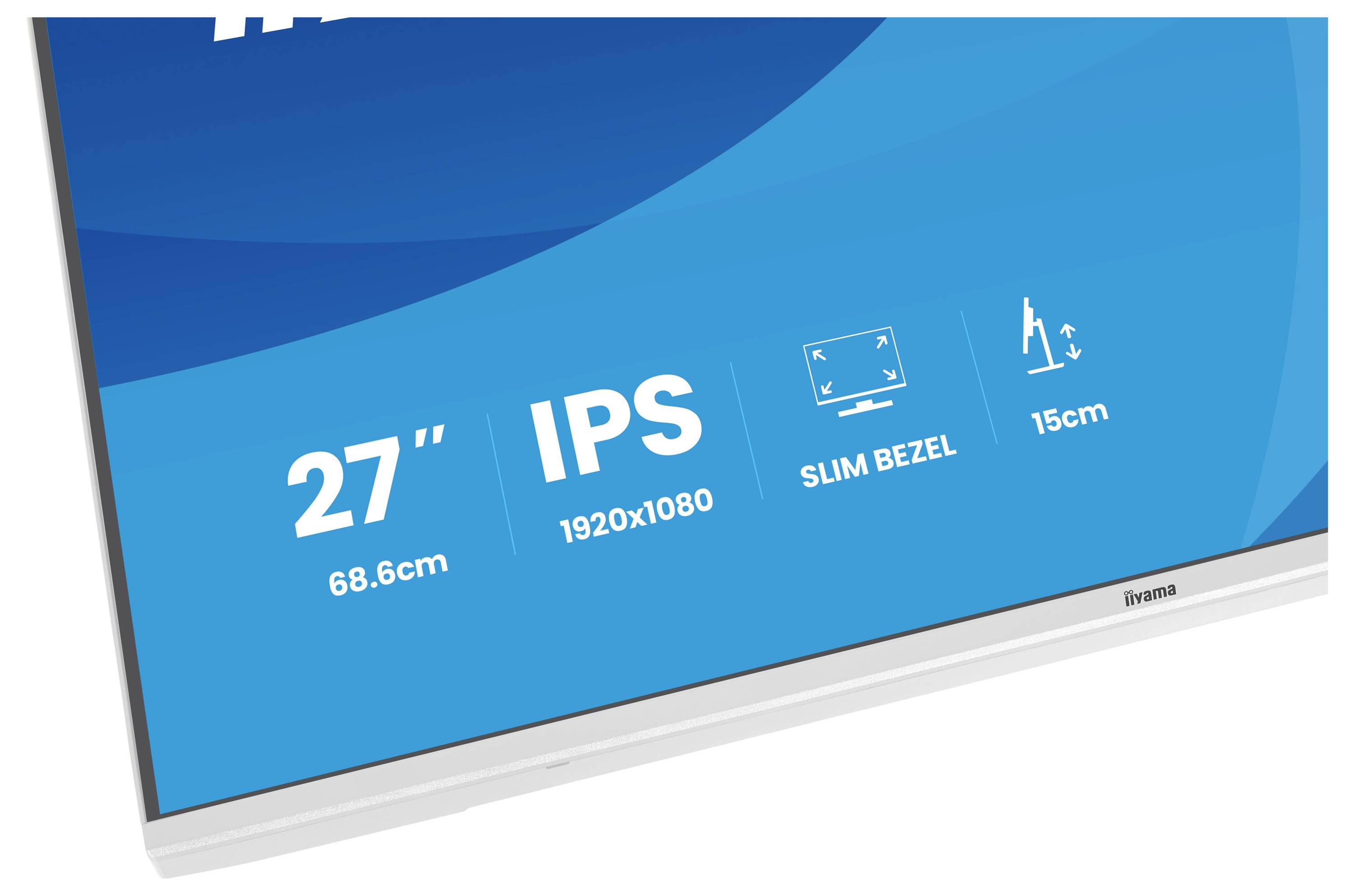 Částečný pohled na monitor zobrazující funkce: '27" (68,6cm), IPS, 1920x1080, Slim Bezel, 15cm výška'. Obrazovka s modrým pozadím.