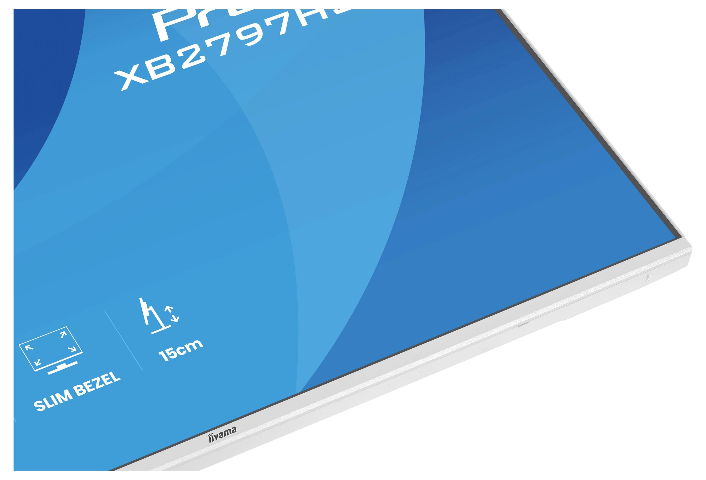 Roh počítačového monitoru se štíhlým designem rámečku. Text zní: 'Slim Bezel' a '15cm'.