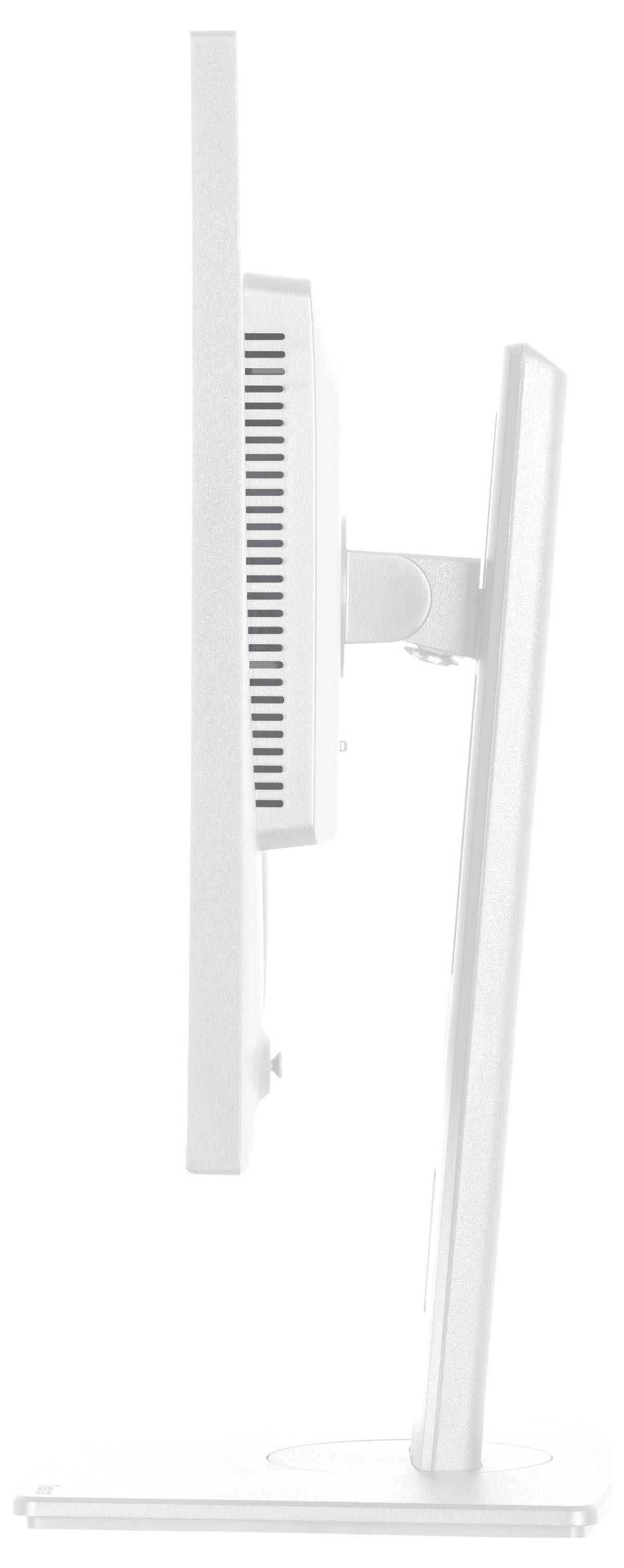 Tenký profilový pohled z boku na bílý počítačový monitor zobrazující podstavec a ventilační štěrbiny, ilustrující jeho elegantní design.
