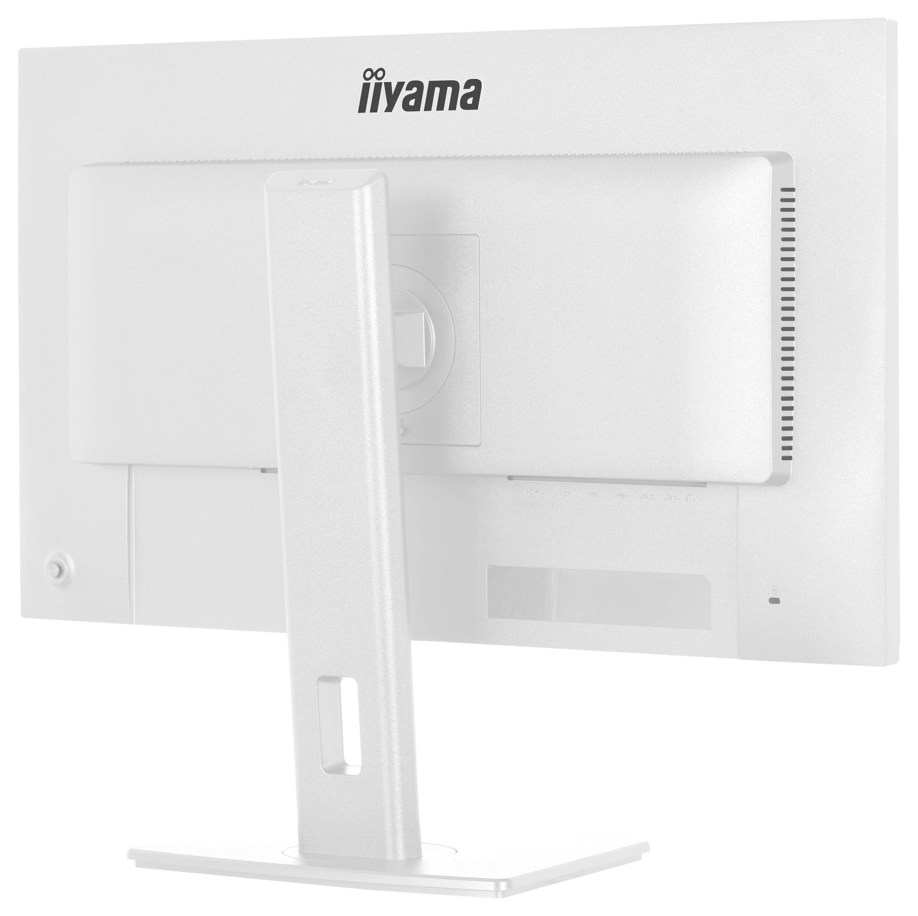 Zadní pohled na bílý počítačový monitor na stojanu se značkou "iiyama" v horní části. Stojan je obdélníkový a vypadá robustně.