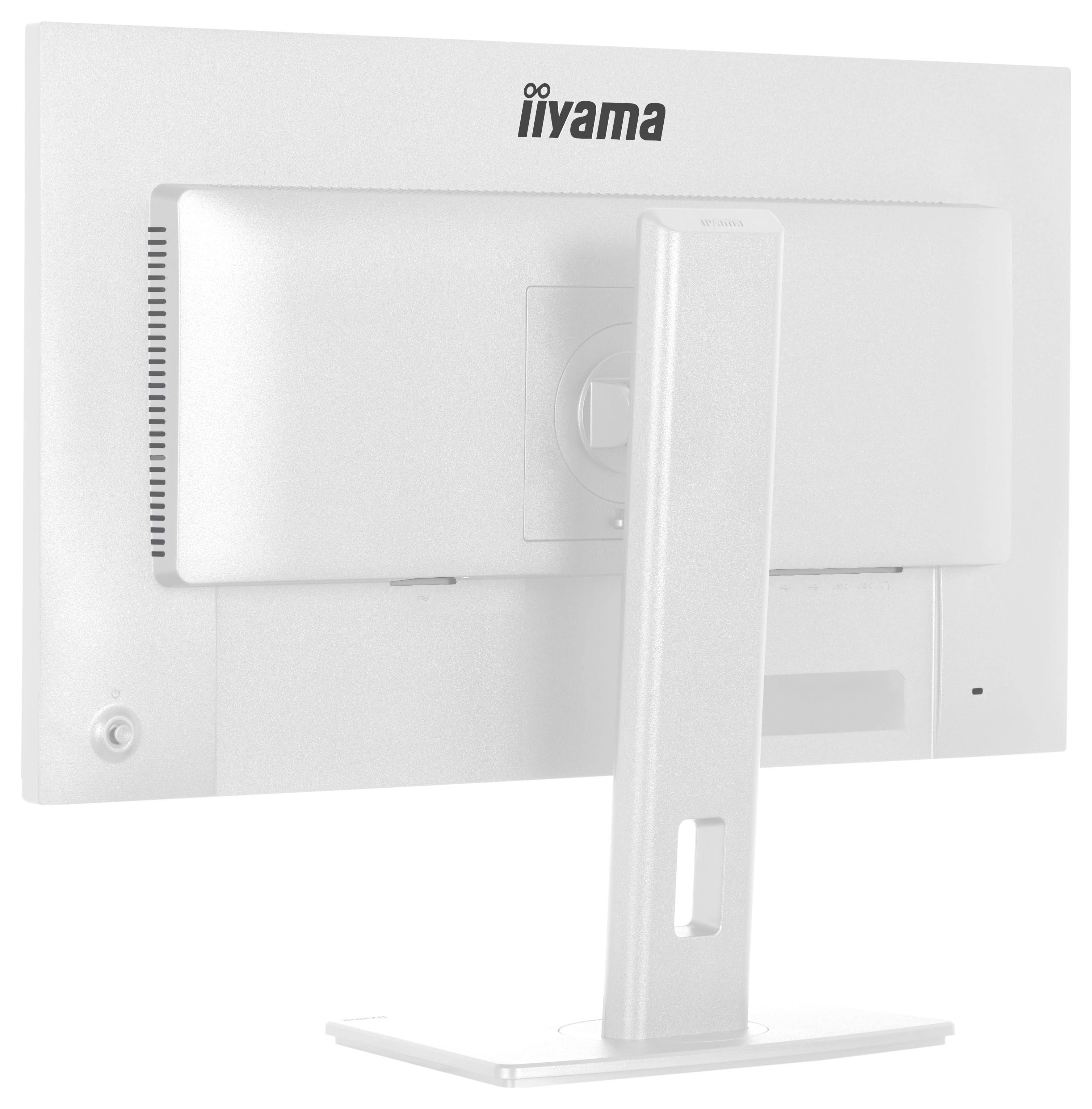 Bílý počítačový monitor zobrazený zezadu s centrálním stojánem a názvem značky "iiyama" v horní části.