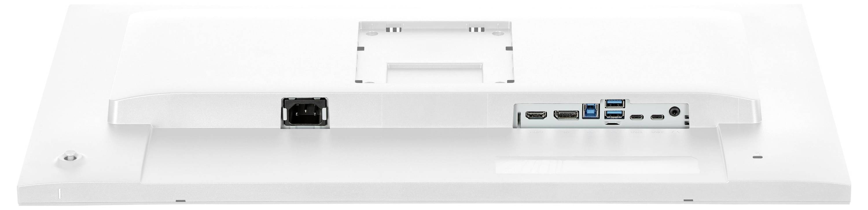 Zadní pohled na bílý monitor zobrazující různé porty, včetně HDMI, USB a portu napájecího připojení, uspořádané v horizontální řadě.