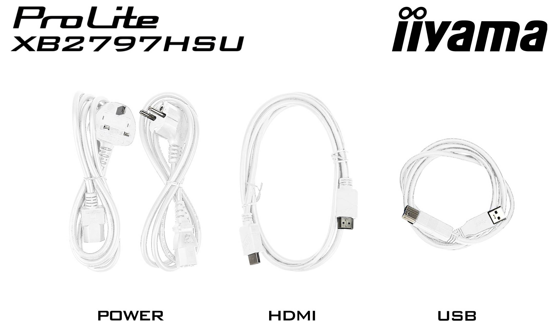 Na obrázku jsou tři kabely označené jako "Napájení", "HDMI" a "USB" na bílém pozadí, s brandingem monitoru "iiyama ProLite XB2797HSU" výše.
