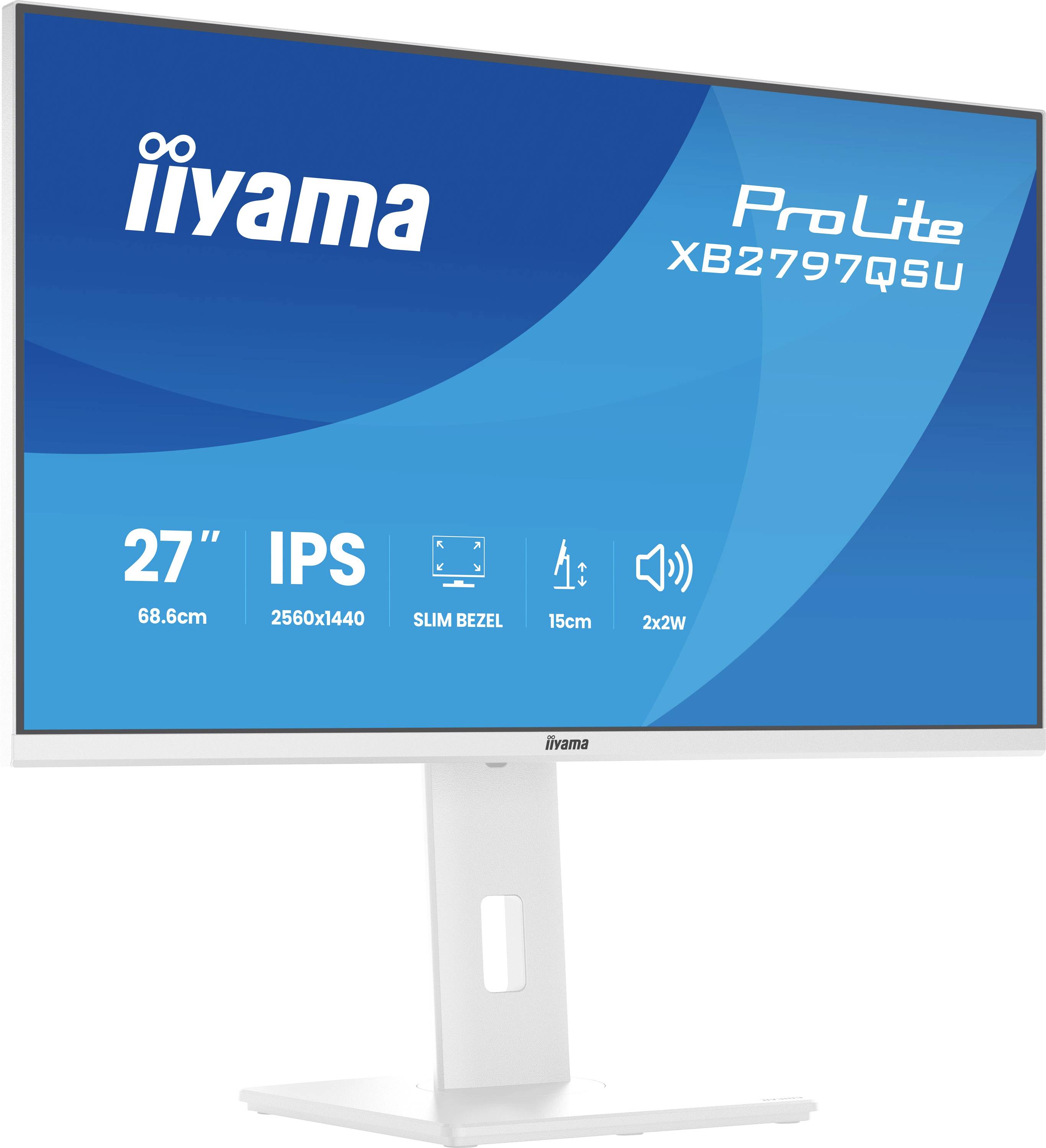 27palcový monitor iiyama ProLite v bílé barvě s rozlišením 2560x1440, technologií IPS, tenkým rámečkem, nastavením výšky 15 cm a 2x 2W reproduktory.