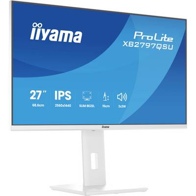 27palcový monitor iiyama ProLite v bílé barvě s rozlišením 2560x1440, technologií IPS, tenkým rámečkem, nastavením výšky 15 cm a 2x 2W reproduktory.