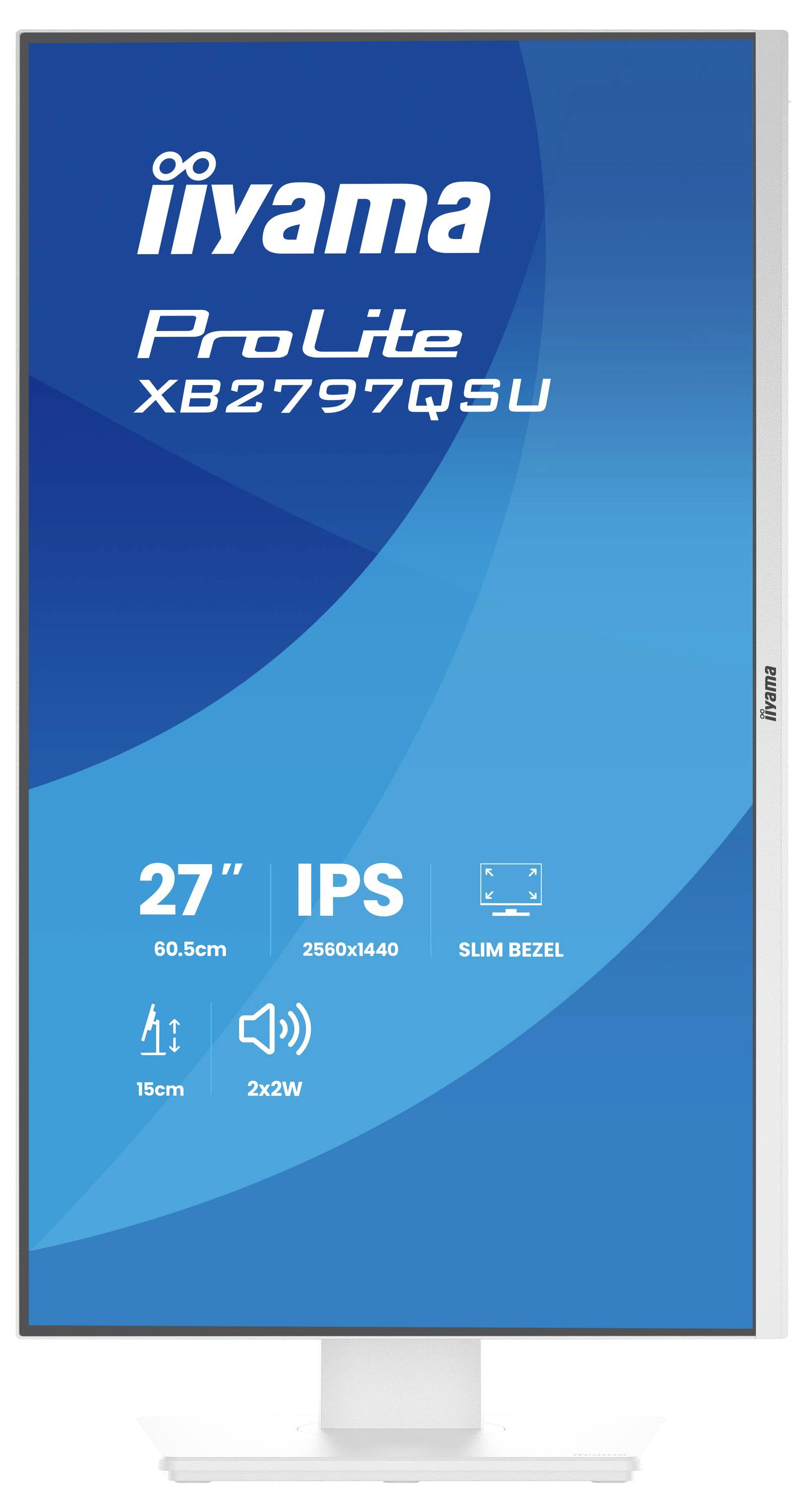 Vertikální display monitoru zobrazující "Iiyama ProLite XB2797QSU" s funkcemi: 27palcová obrazovka, IPS, tenký rámeček, rozlišení 2560x1440, reproduktory 2x2W a nastavitelná výška.