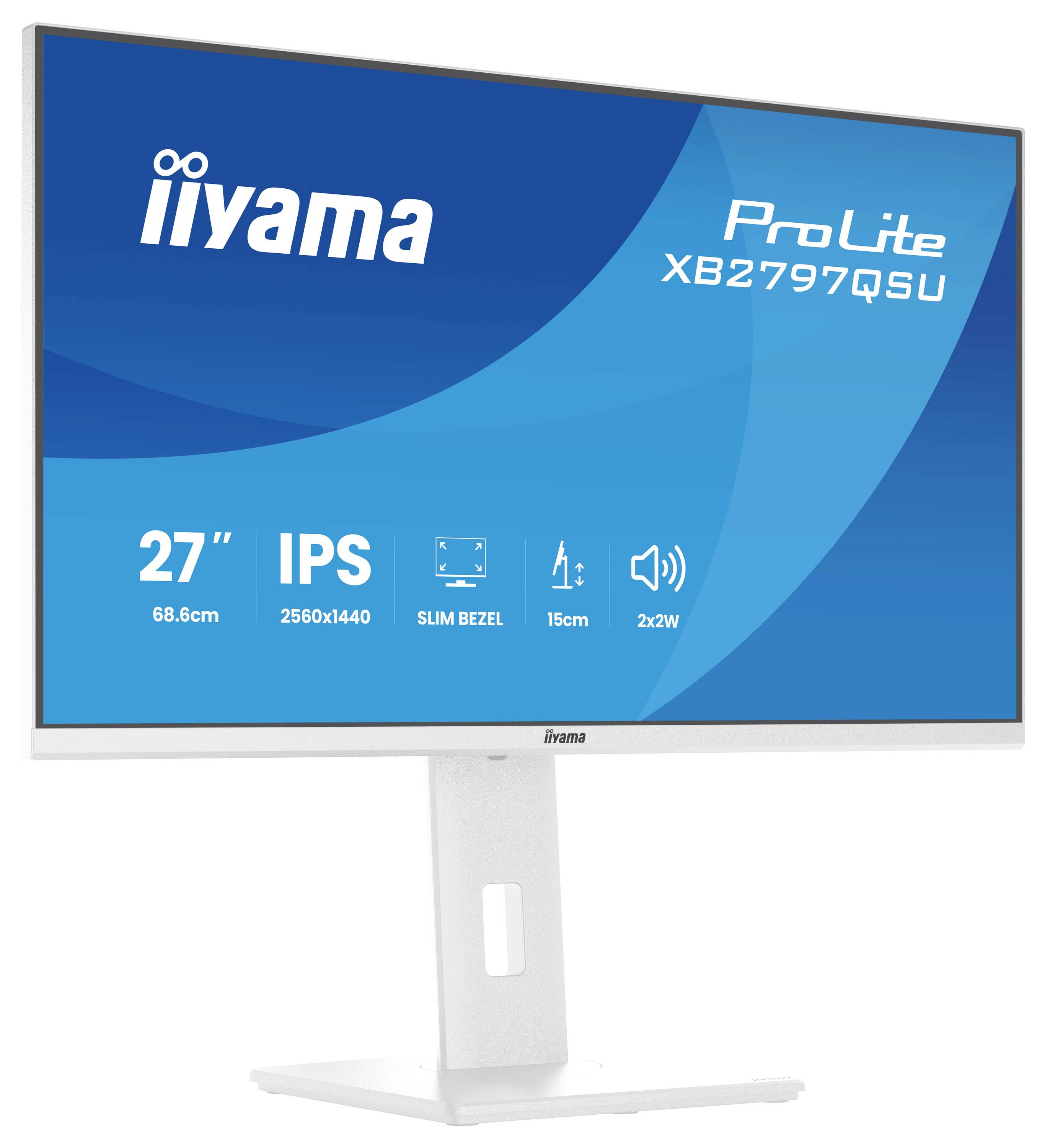 Monitor značky iiyama s následujícími specifikacemi: velikost 27", rozlišení 2560x1440, IPS panel, tenký rámeček, nastavení výšky 15 cm, 2x2W reproduktory.