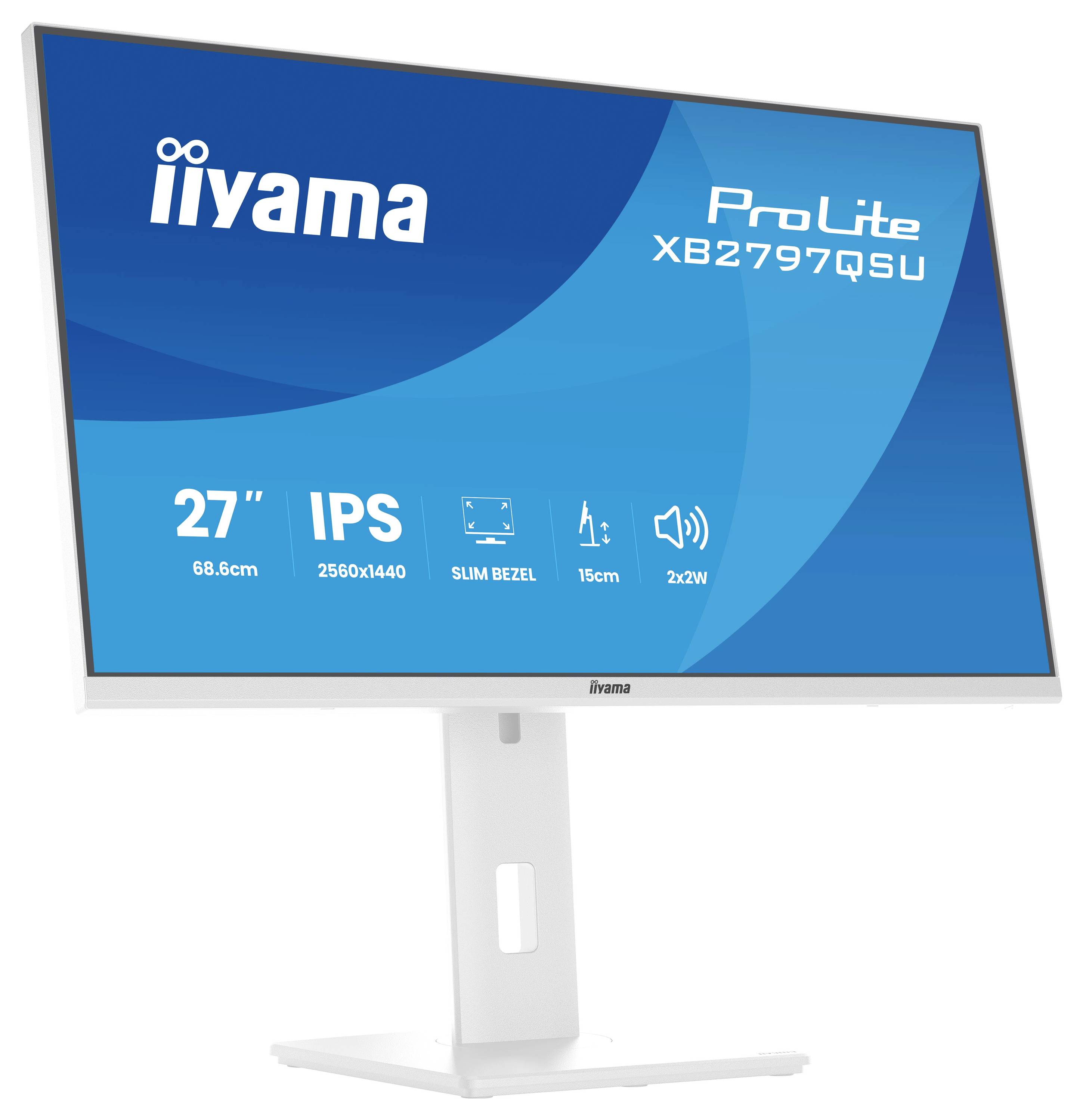 Monitor Iiyama ProLite, 27 palců, IPS, rozlišení 2560x1440, tenký rámeček, nastavitelná výška 15 cm, 2x2W reproduktory, s bílým stojanem.