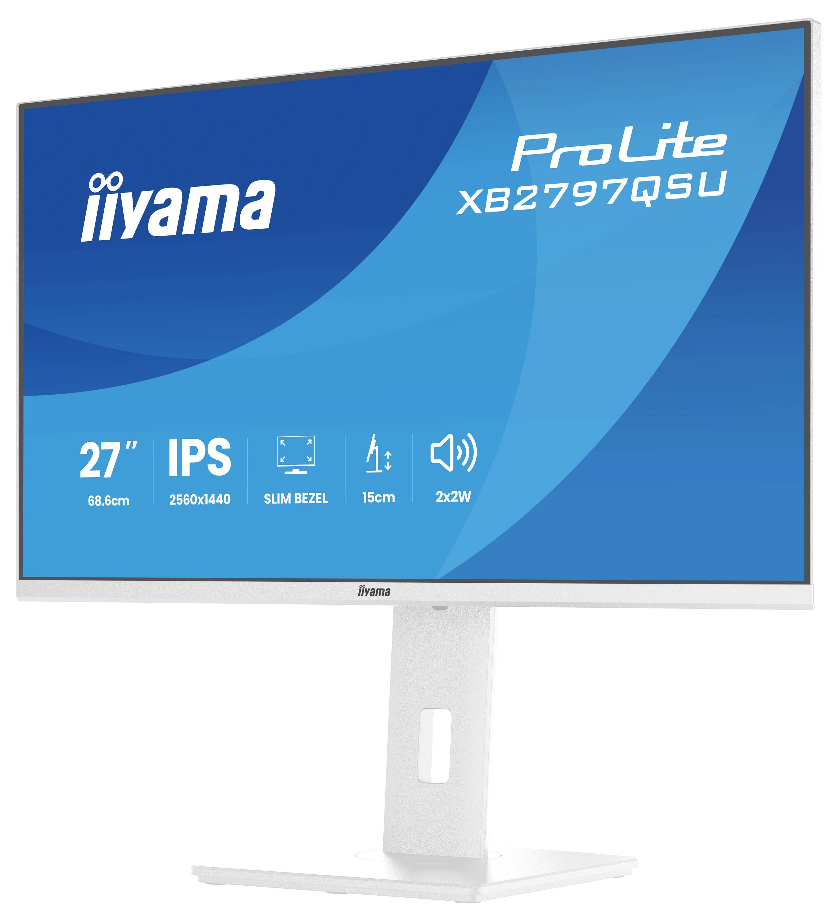 Bílý počítačový monitor zobrazující značku 'Iiyama' a model 'ProLite XB2797QSU'. Klíčové funkce zahrnují 27" displej, IPS, rozlišení 2560x1440.