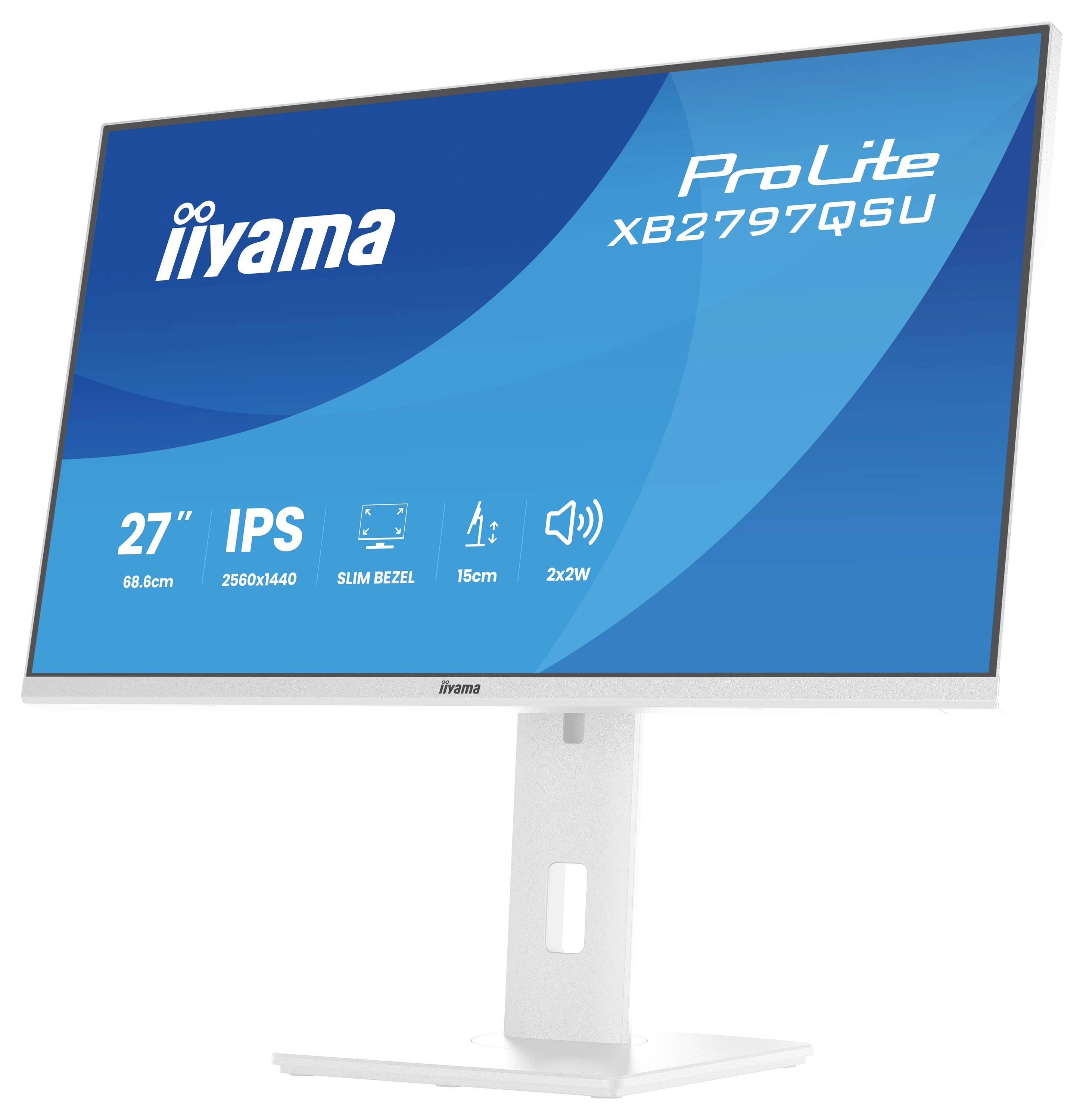27palcový monitor Iiyama ProLite s číslem modelu XB2797QSU zobrazeným na displeji. Mezi funkce patří IPS, rozlišení 2560x1440, tenký rám a 2x2W reproduktory.