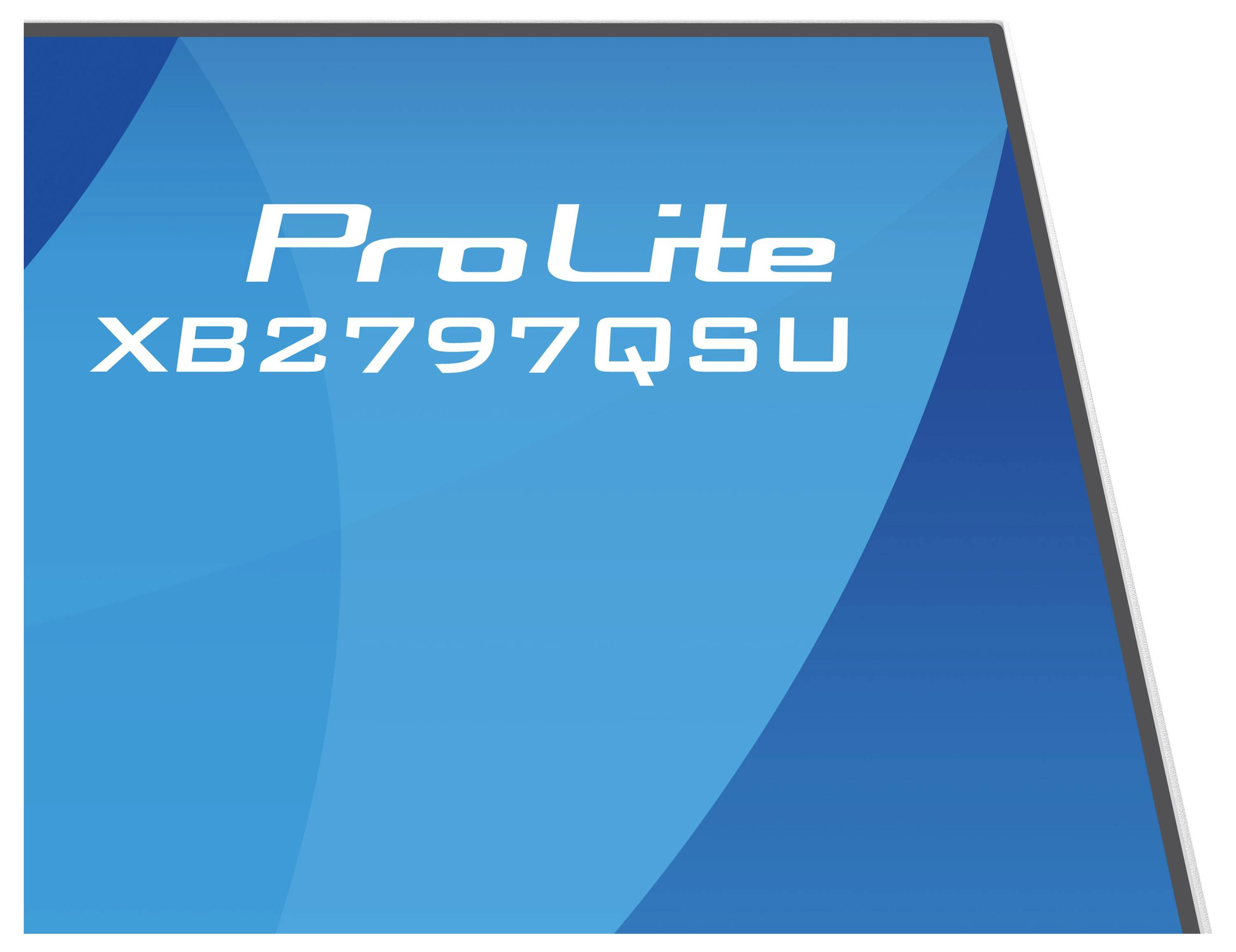 Modré geometrické pozadí s textem 'ProLite XB2797QSU.'